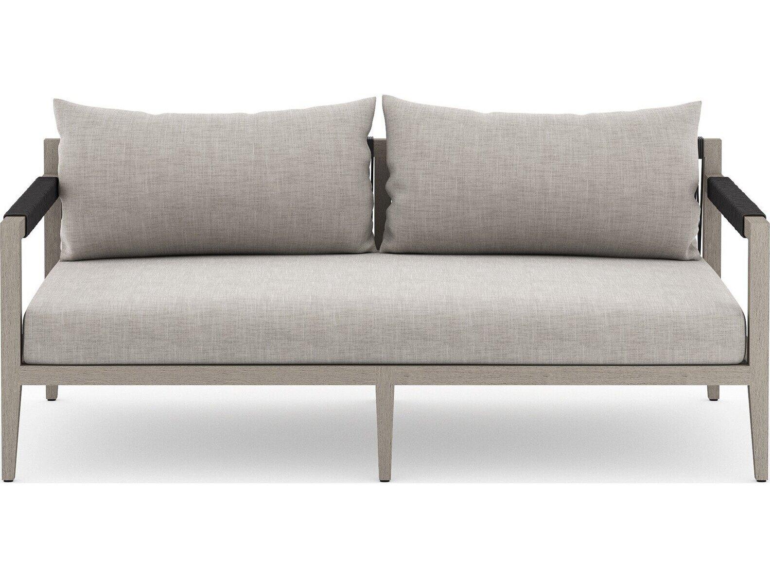 Four Hands Outdoor Solano Sherwood Weathered Grey Teak Cushion 63" Sofa in Stone Grey