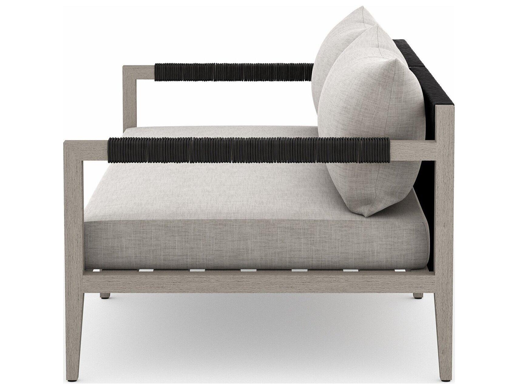 Four Hands Outdoor Solano Sherwood Weathered Grey Teak Cushion 63" Sofa in Stone Grey