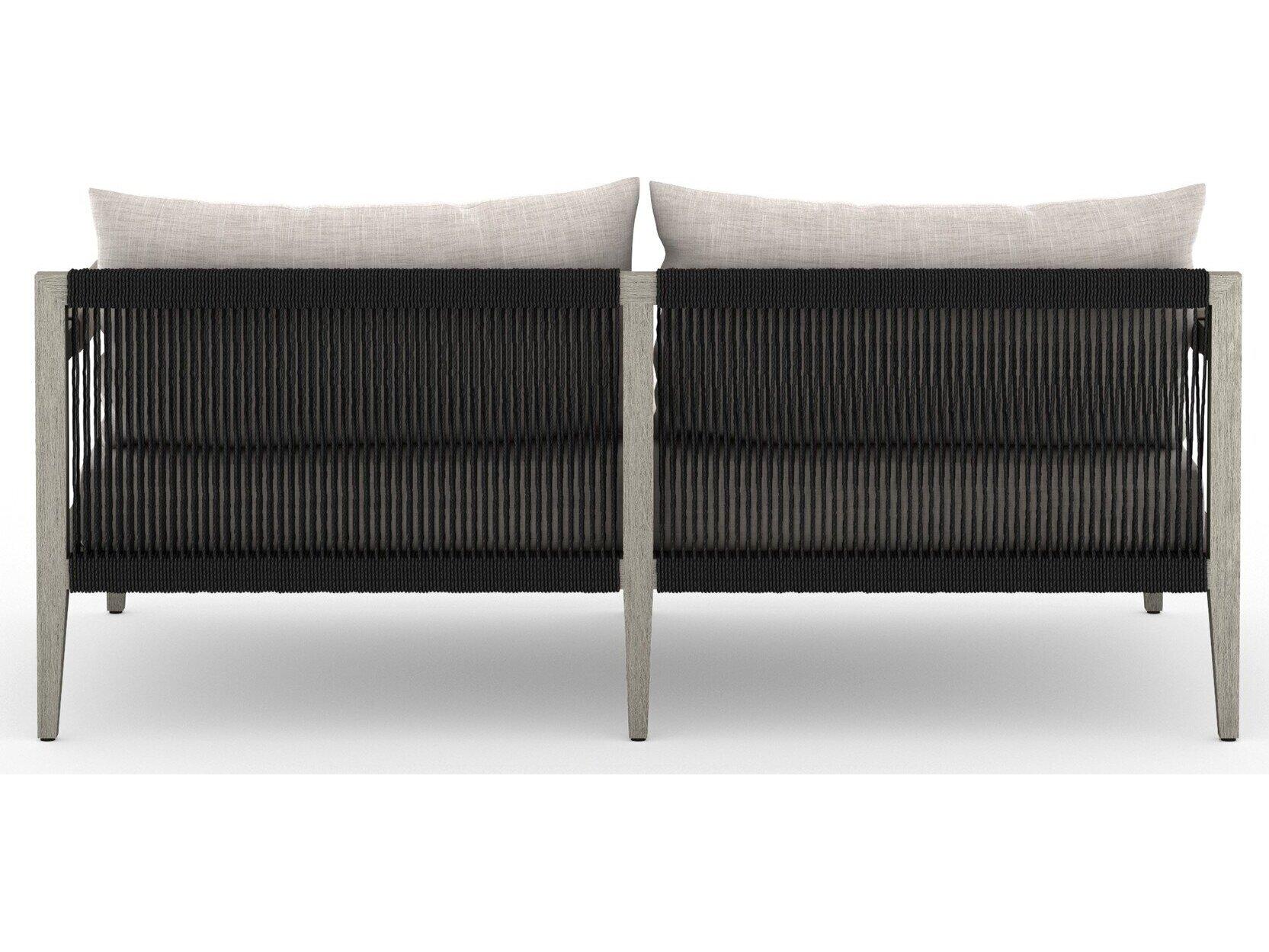 Four Hands Outdoor Solano Sherwood Weathered Grey Teak Cushion 63" Sofa in Stone Grey