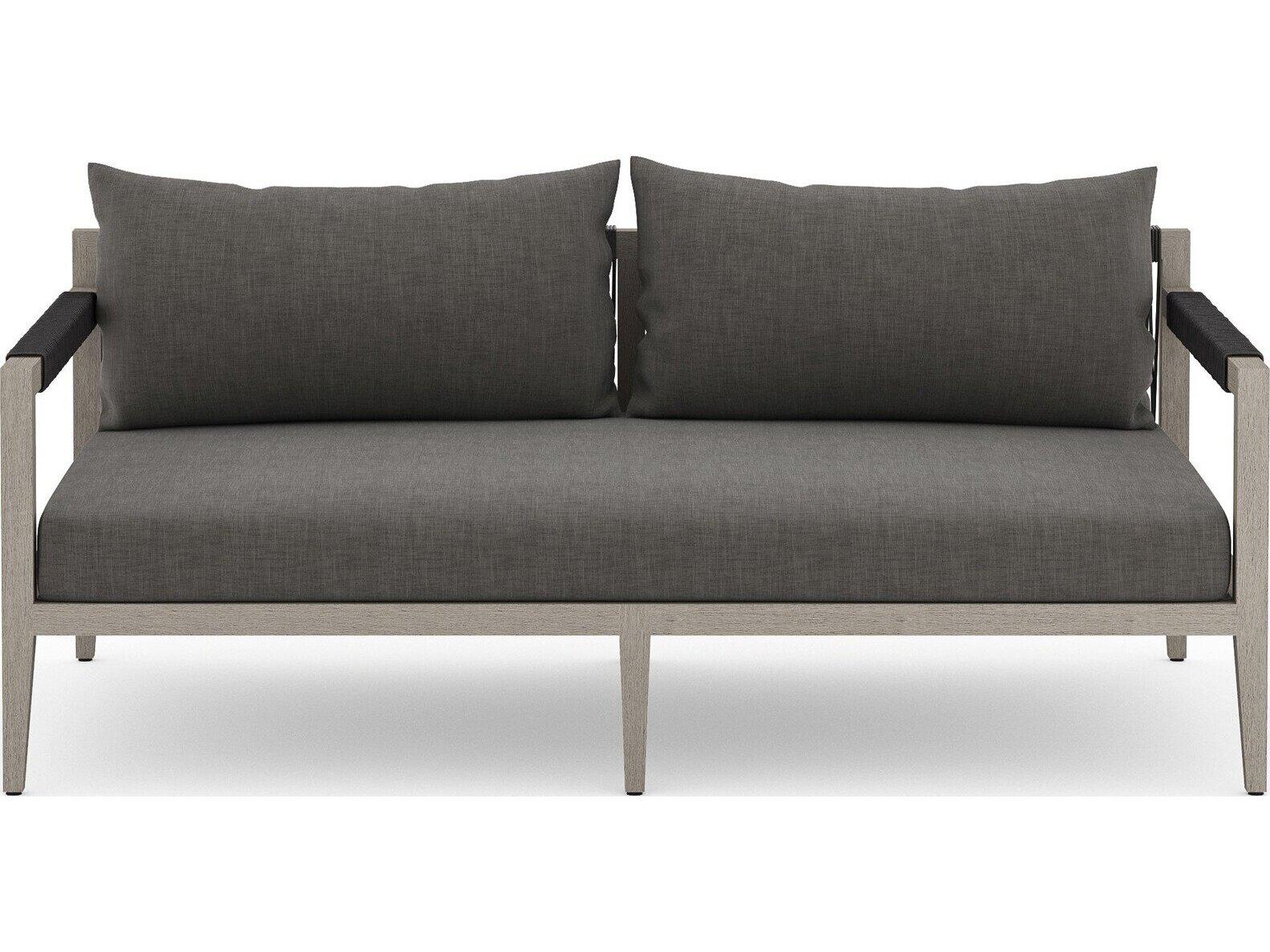 Four Hands Outdoor Solano Sherwood Weathered Grey Teak Cushion 63" Sofa in Charcoal