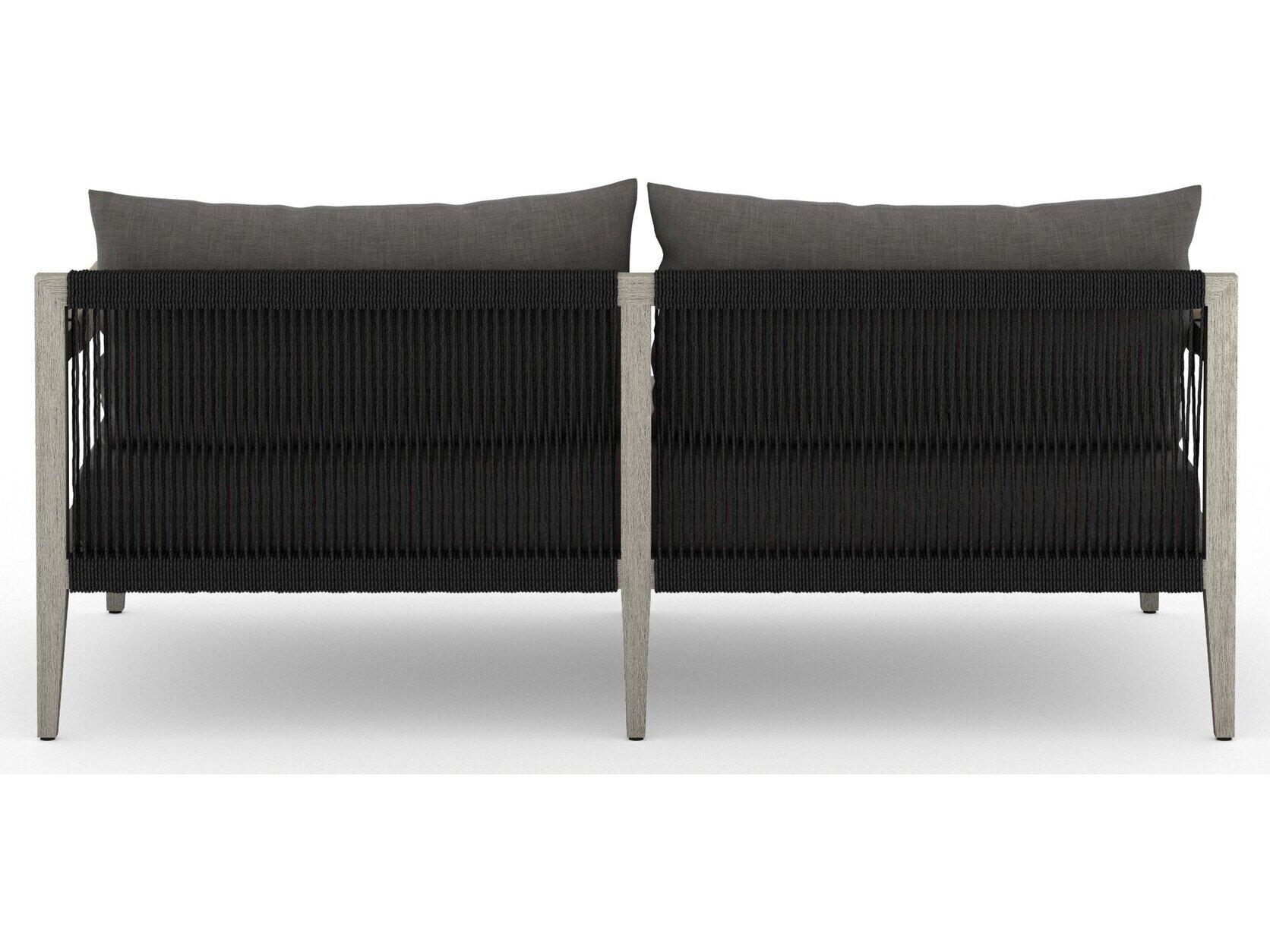 Four Hands Outdoor Solano Sherwood Weathered Grey Teak Cushion 63" Sofa in Charcoal