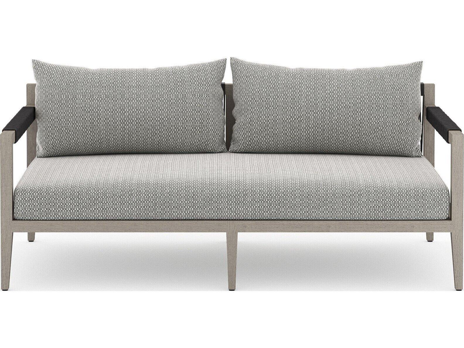 Four Hands Outdoor Solano Sherwood Weathered Grey Teak Cushion 63" Sofa in Faye Ash