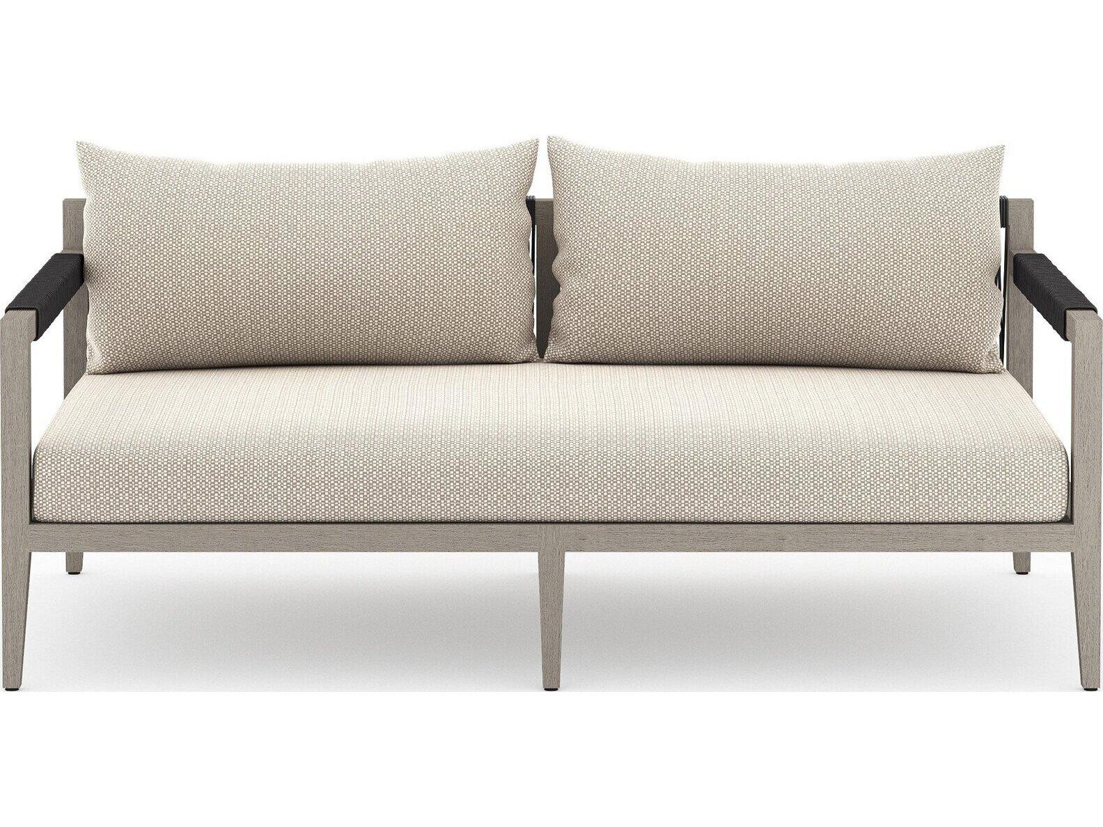 Four Hands Outdoor Solano Sherwood Weathered Grey Teak Cushion 63" Sofa in Faye Sand