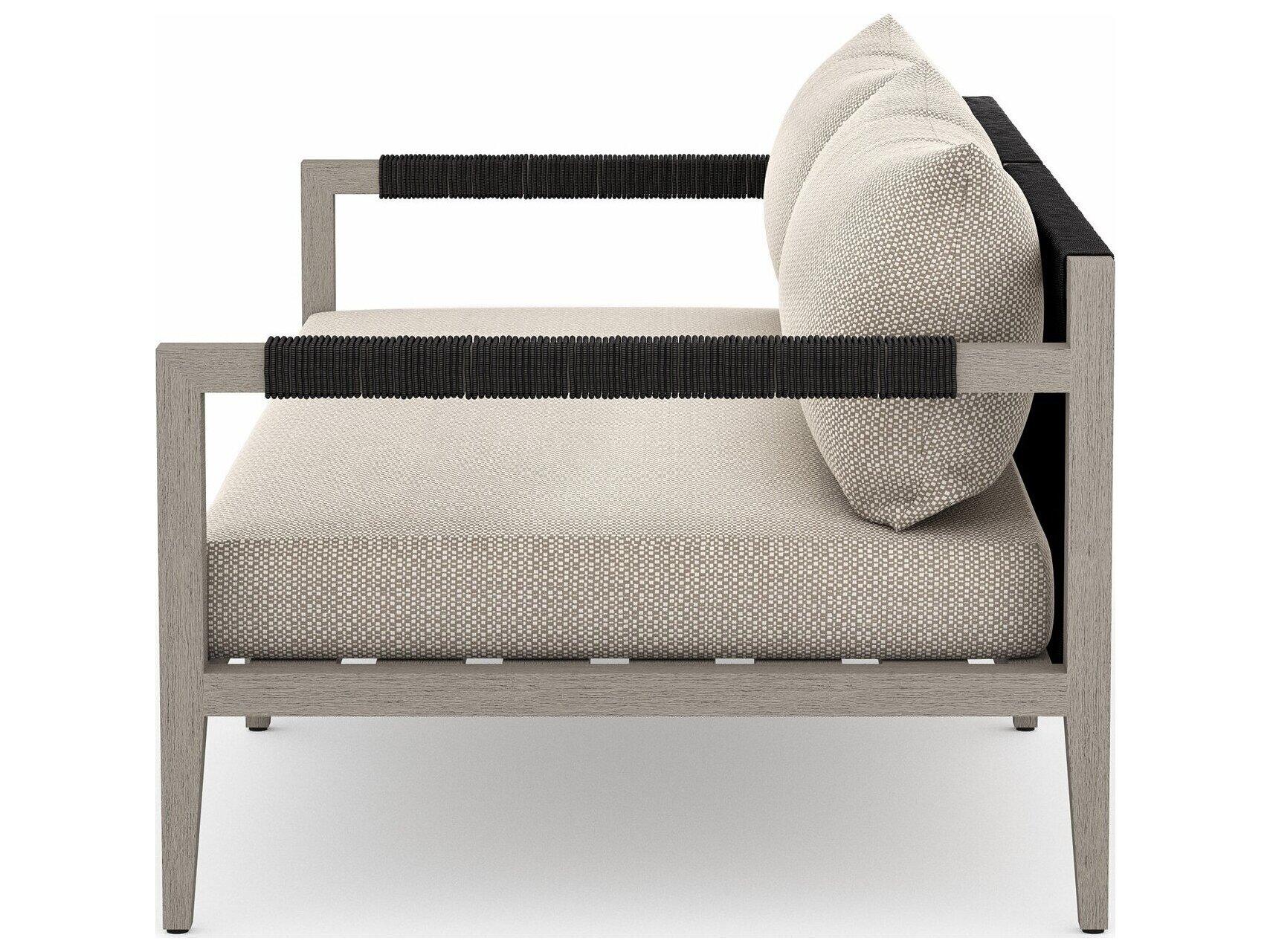 Four Hands Outdoor Solano Sherwood Weathered Grey Teak Cushion 63" Sofa in Faye Sand