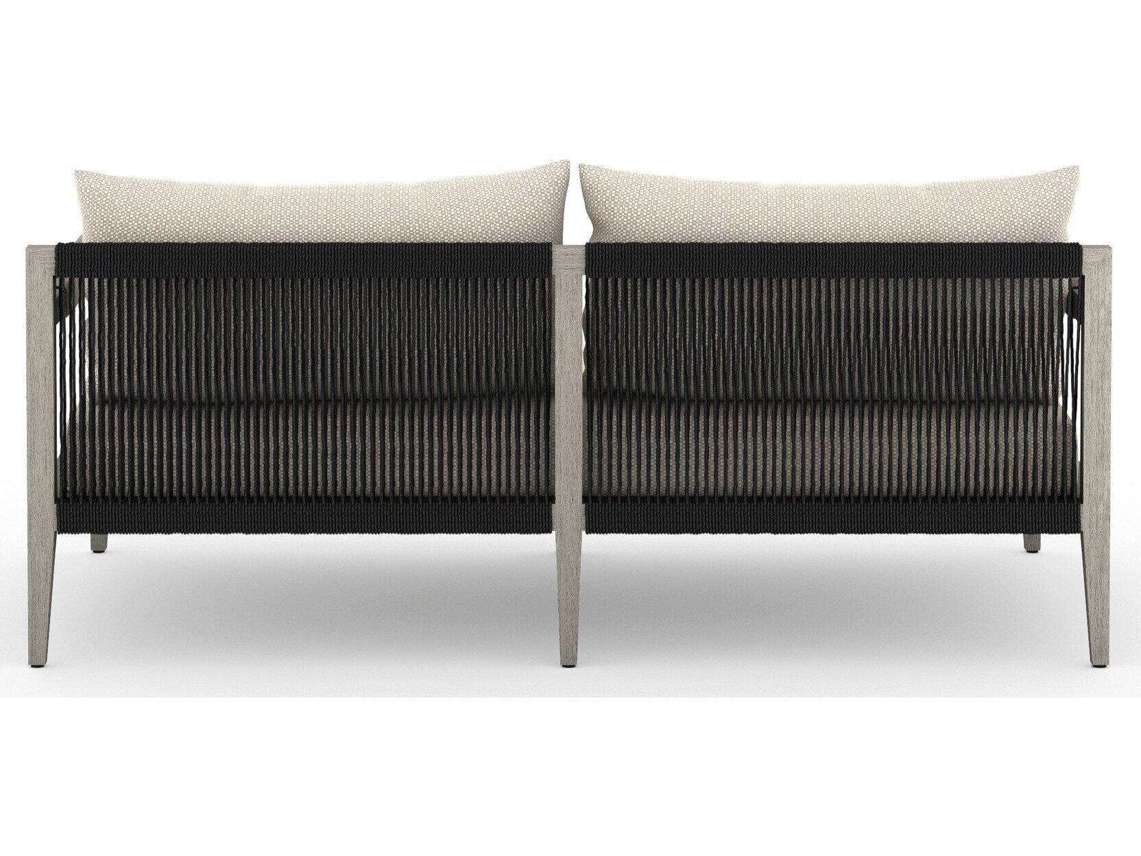 Four Hands Outdoor Solano Sherwood Weathered Grey Teak Cushion 63" Sofa in Faye Sand