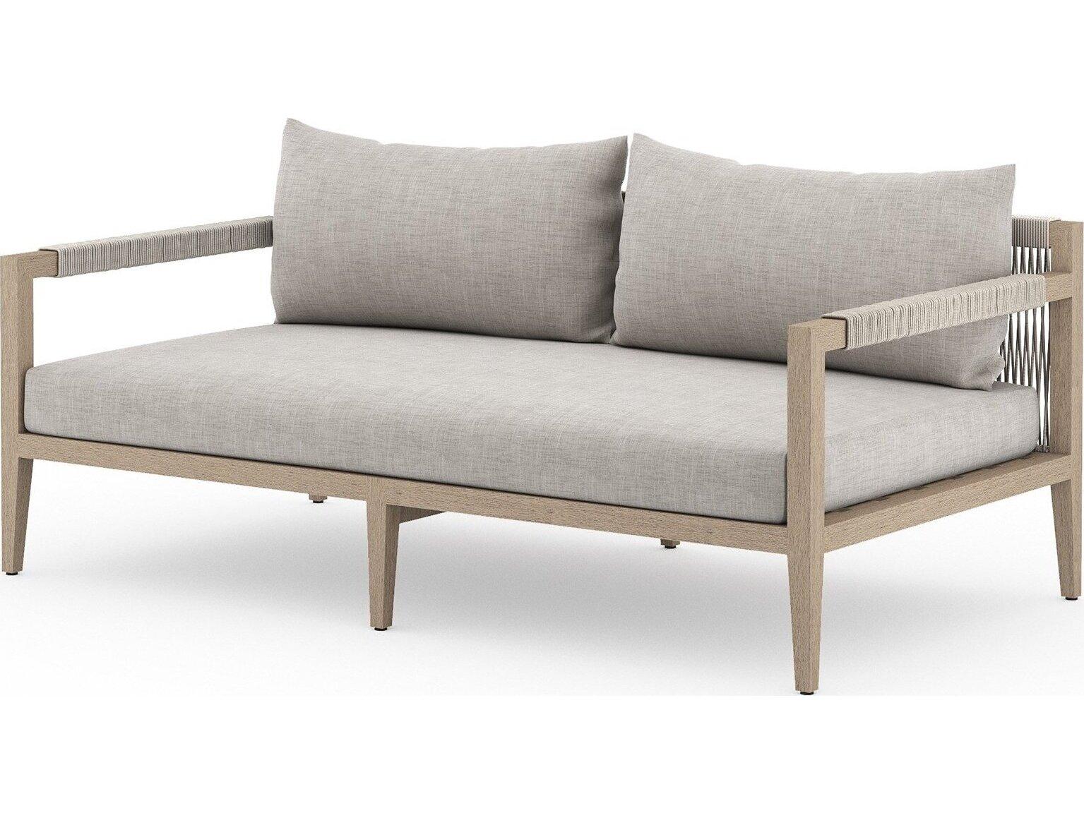 Four Hands Outdoor Solano Sherwood Washed Brown Teak Cushion 63" Sofa in Stone Grey