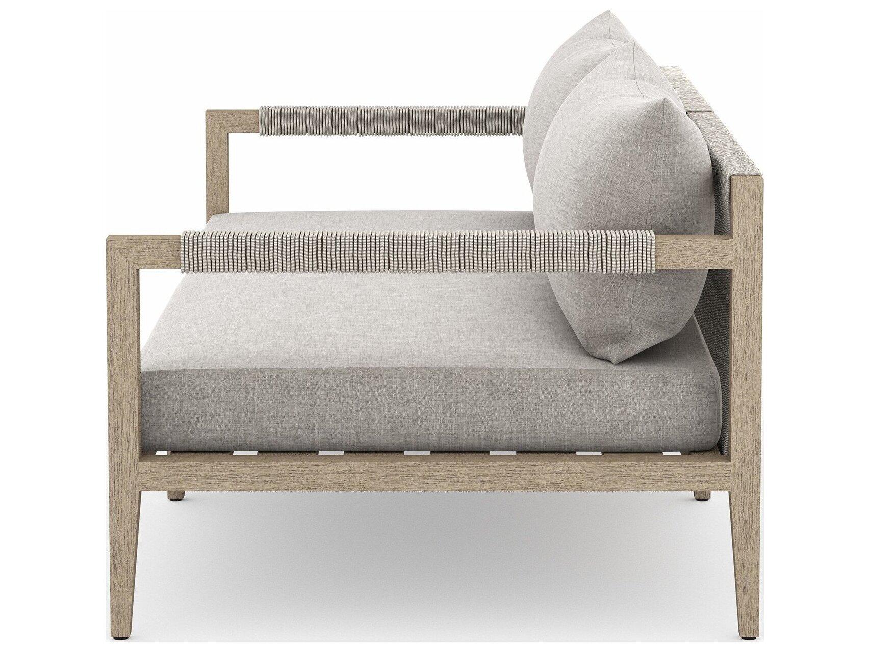 Four Hands Outdoor Solano Sherwood Washed Brown Teak Cushion 63" Sofa in Stone Grey