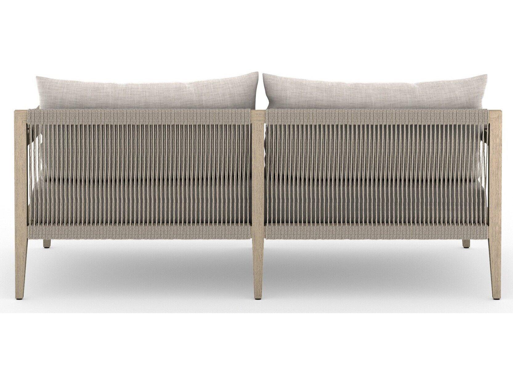 Four Hands Outdoor Solano Sherwood Washed Brown Teak Cushion 63" Sofa in Stone Grey