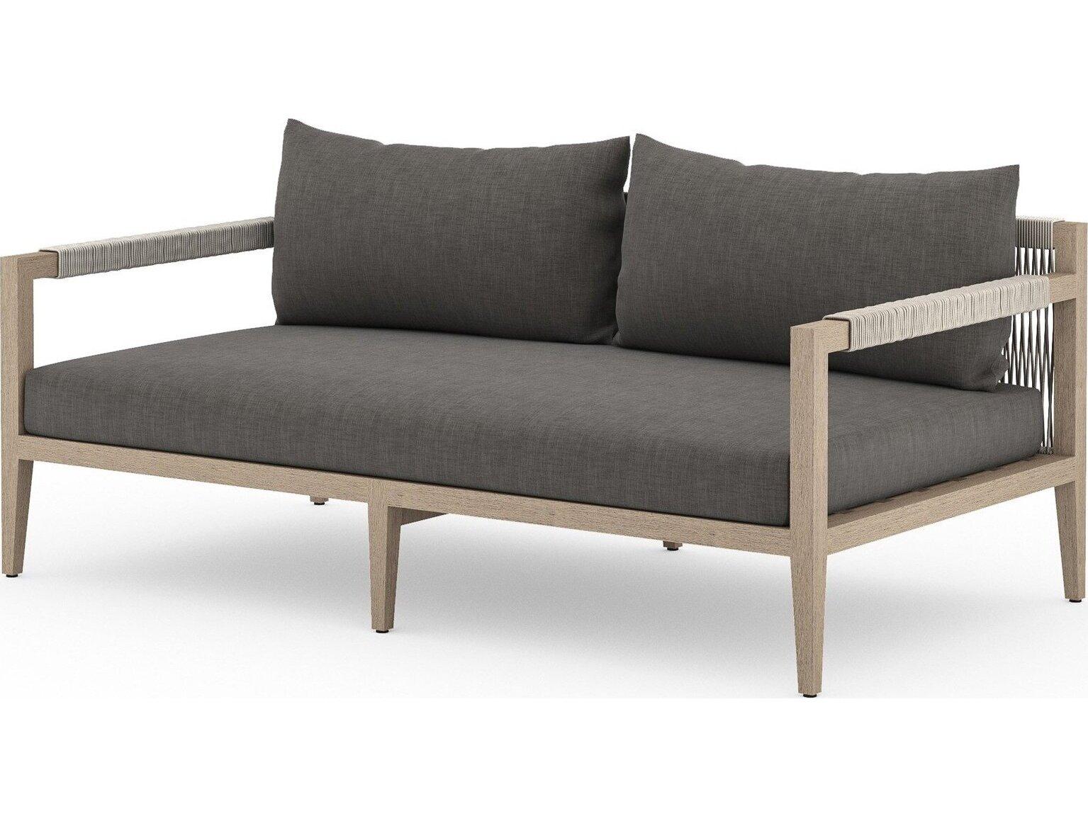 Four Hands Outdoor Solano Sherwood Washed Brown Teak Cushion 63" Sofa in Charcoal