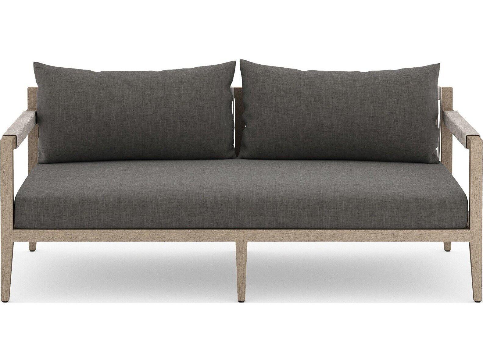Four Hands Outdoor Solano Sherwood Washed Brown Teak Cushion 63" Sofa in Charcoal