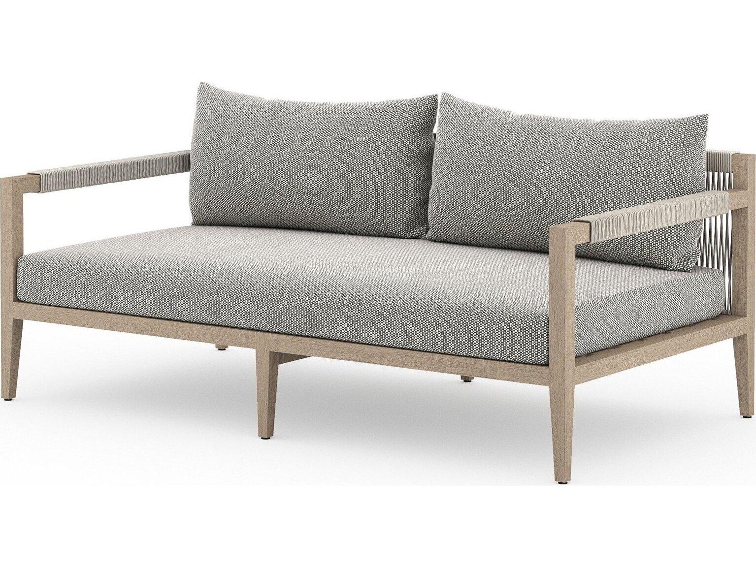 Four Hands Outdoor Solano Sherwood Washed Brown Teak Cushion 63" Sofa in Faye Ash