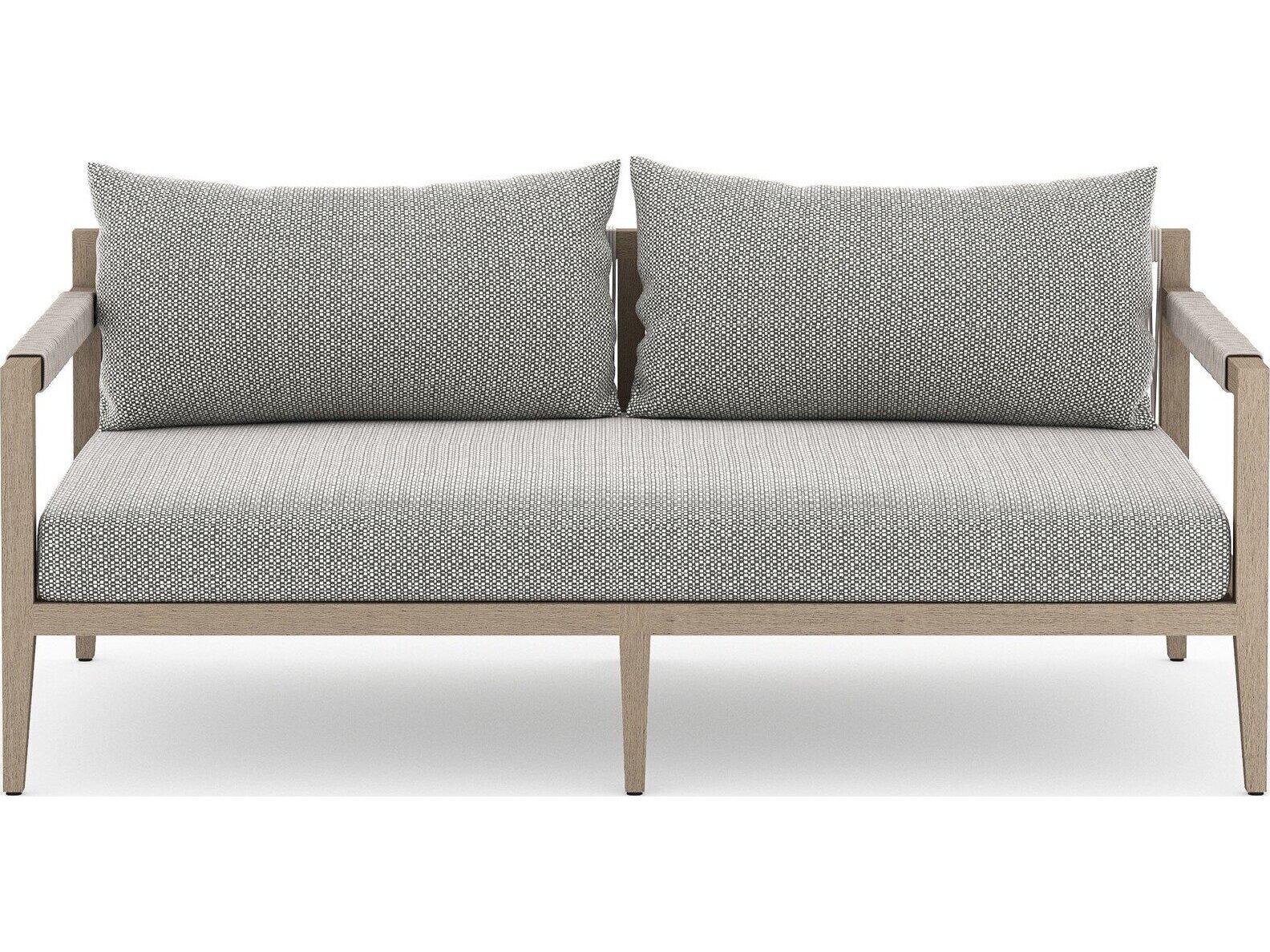 Four Hands Outdoor Solano Sherwood Washed Brown Teak Cushion 63" Sofa in Faye Ash