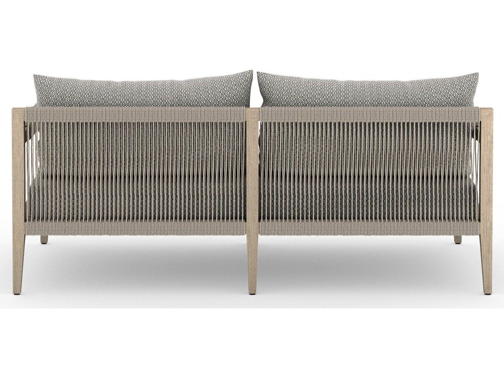 Four Hands Outdoor Solano Sherwood Washed Brown Teak Cushion 63" Sofa in Faye Ash