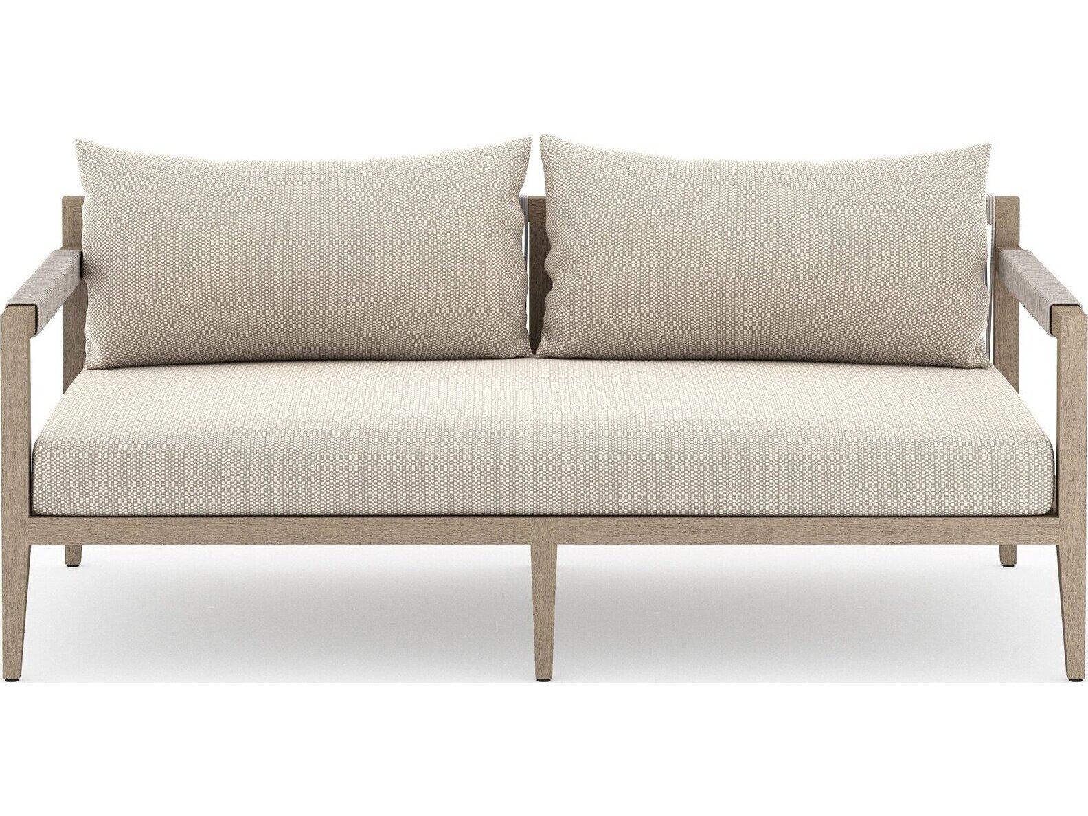 Four Hands Outdoor Solano Sherwood Washed Brown Teak Cushion 63" Sofa in Faye Sand