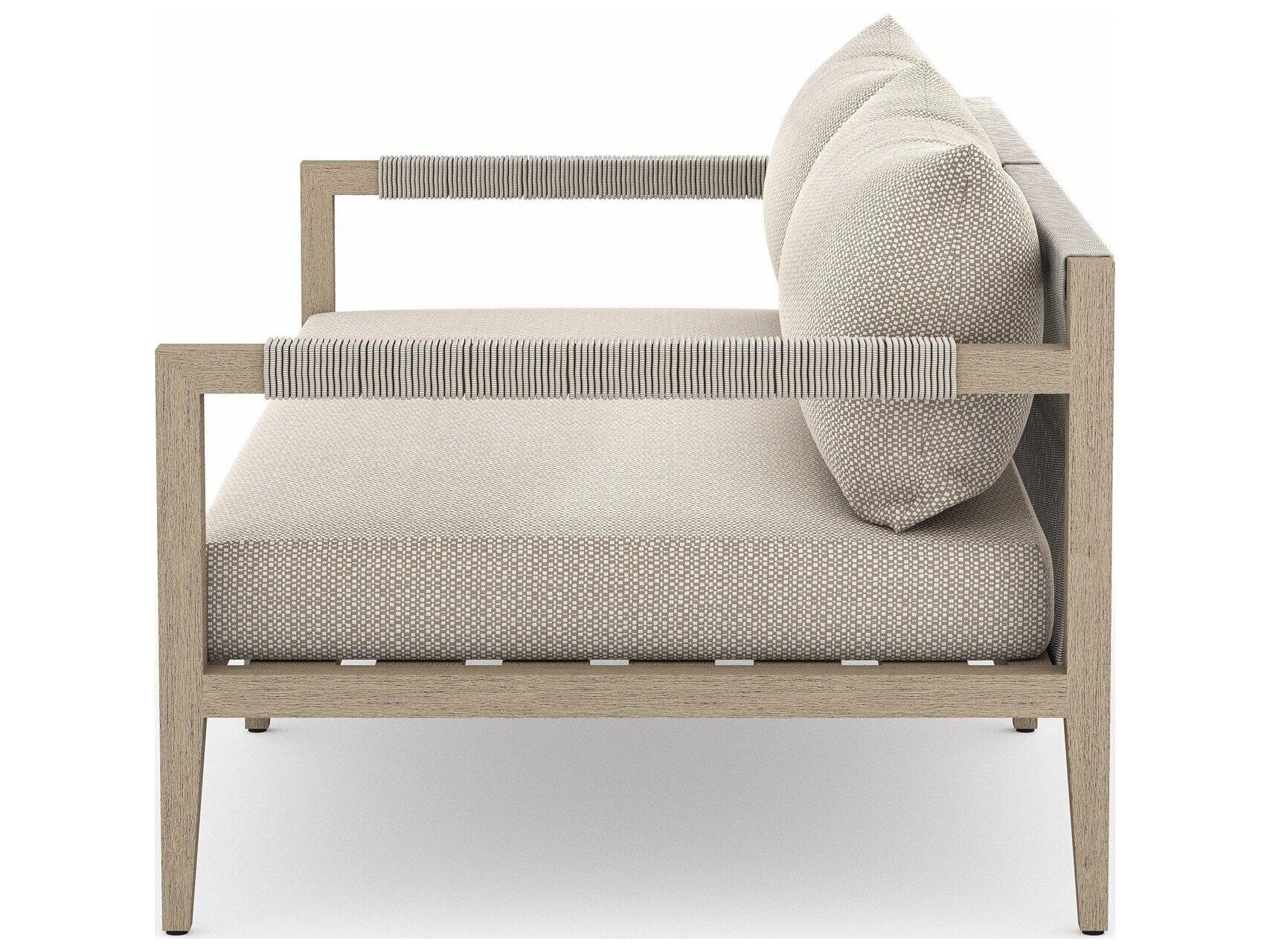 Four Hands Outdoor Solano Sherwood Washed Brown Teak Cushion 63" Sofa in Faye Sand