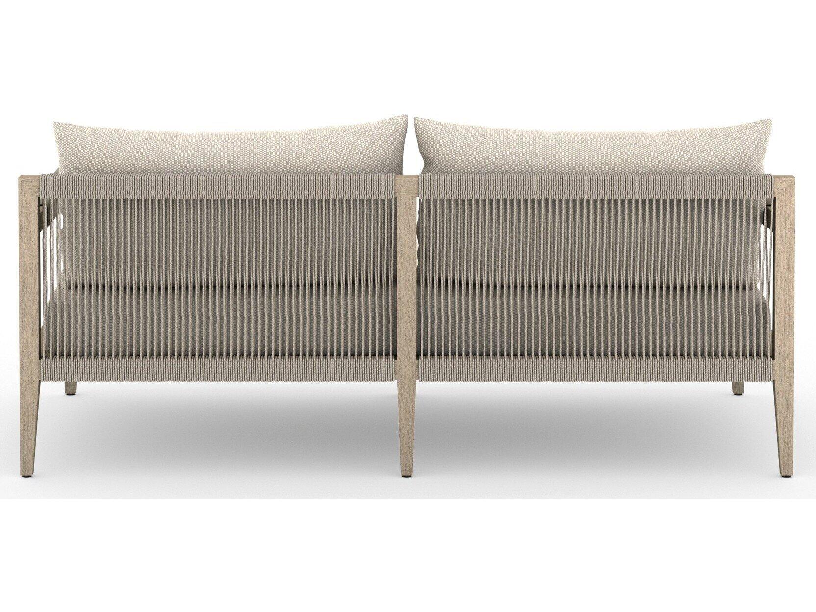 Four Hands Outdoor Solano Sherwood Washed Brown Teak Cushion 63" Sofa in Faye Sand