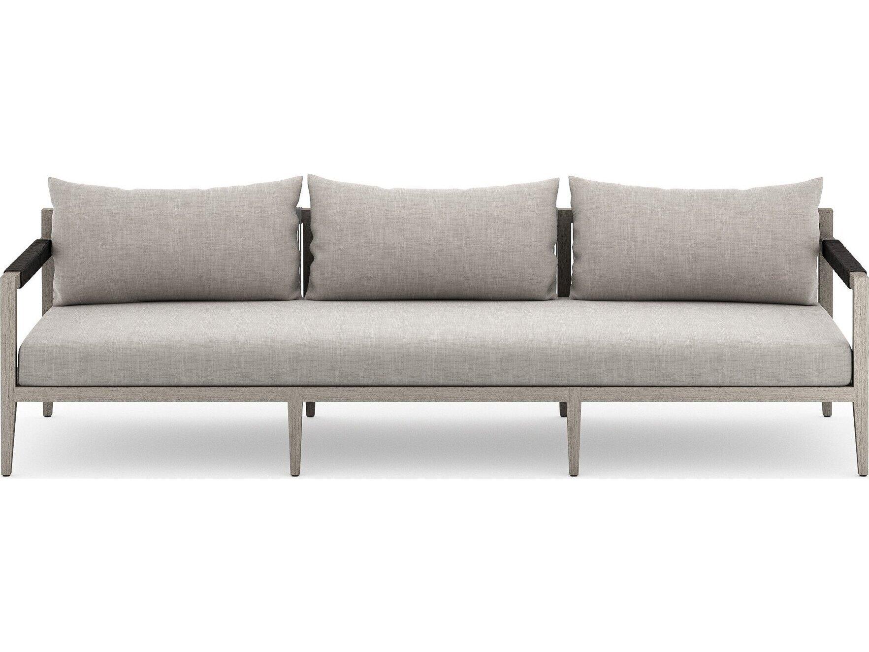 Four Hands Outdoor Solano Sherwood Weathered Grey Teak Cushion 93" Sofa in Stone Grey