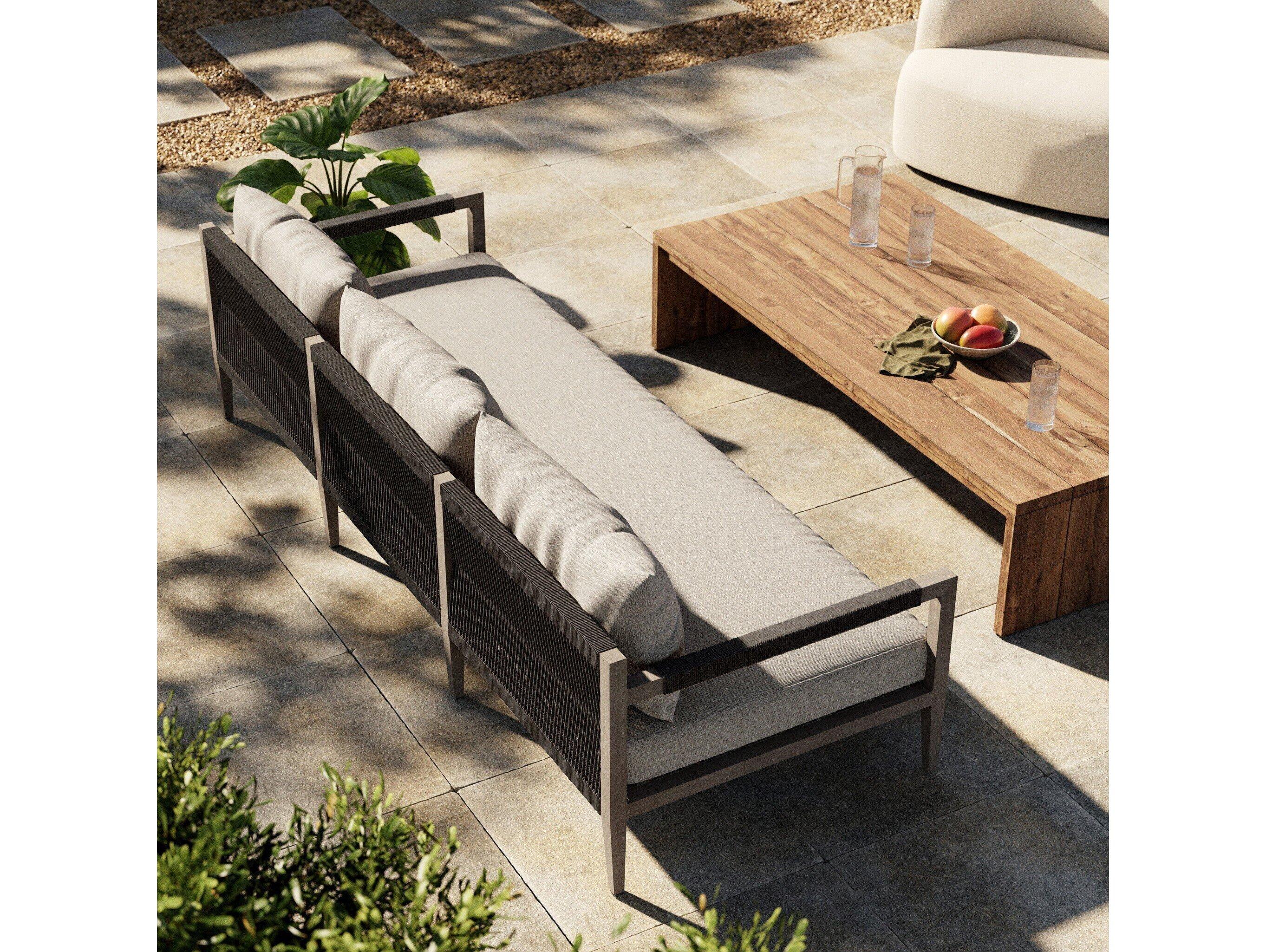 Four Hands Outdoor Solano Sherwood Weathered Grey Teak Cushion 93" Sofa in Stone Grey