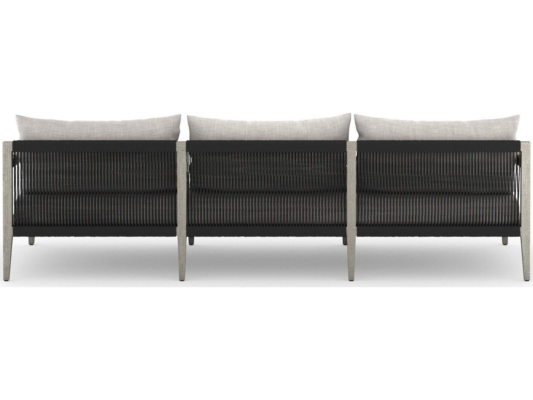 Four Hands Outdoor Solano Sherwood Weathered Grey Teak Cushion 93" Sofa in Stone Grey