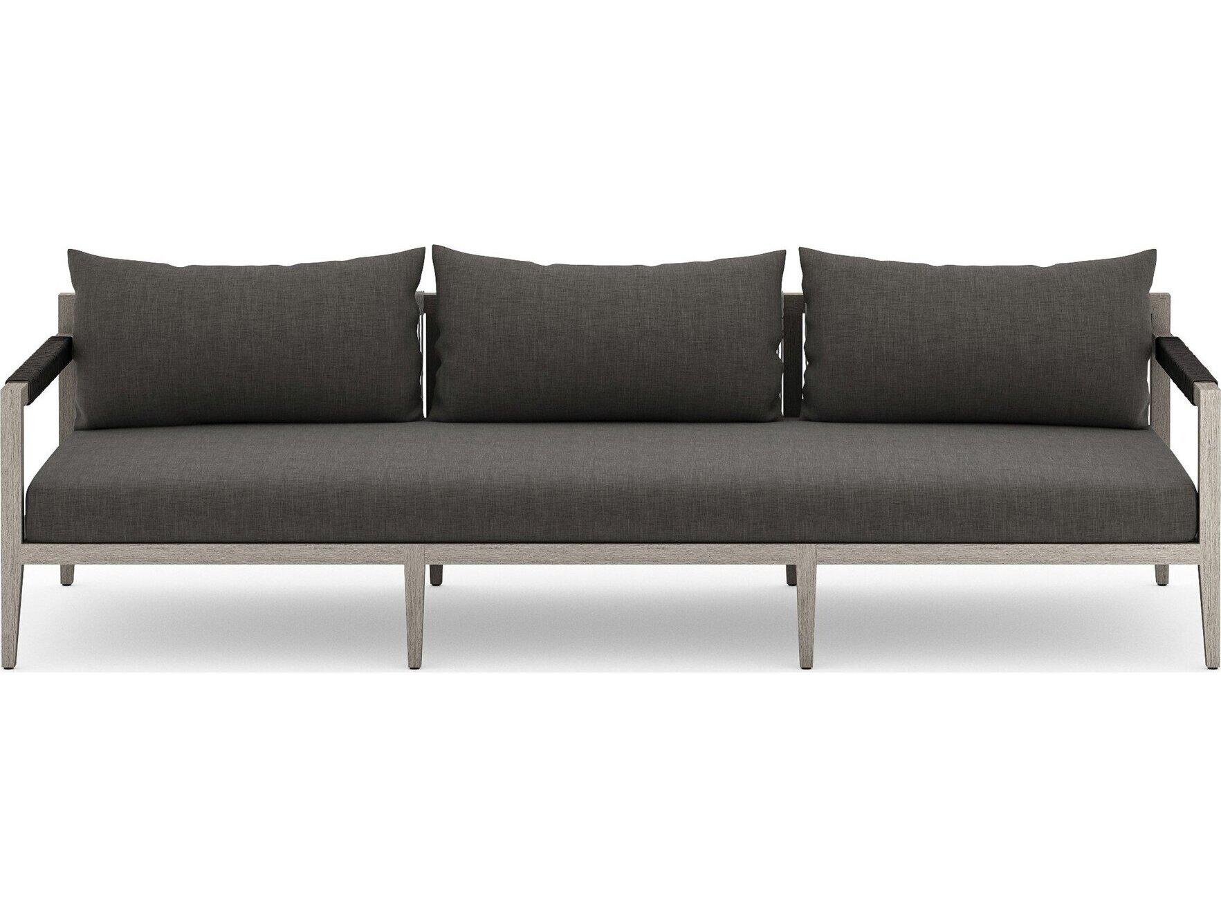Four Hands Outdoor Solano Sherwood Weathered Grey Teak Cushion 93" Sofa in Charcoal