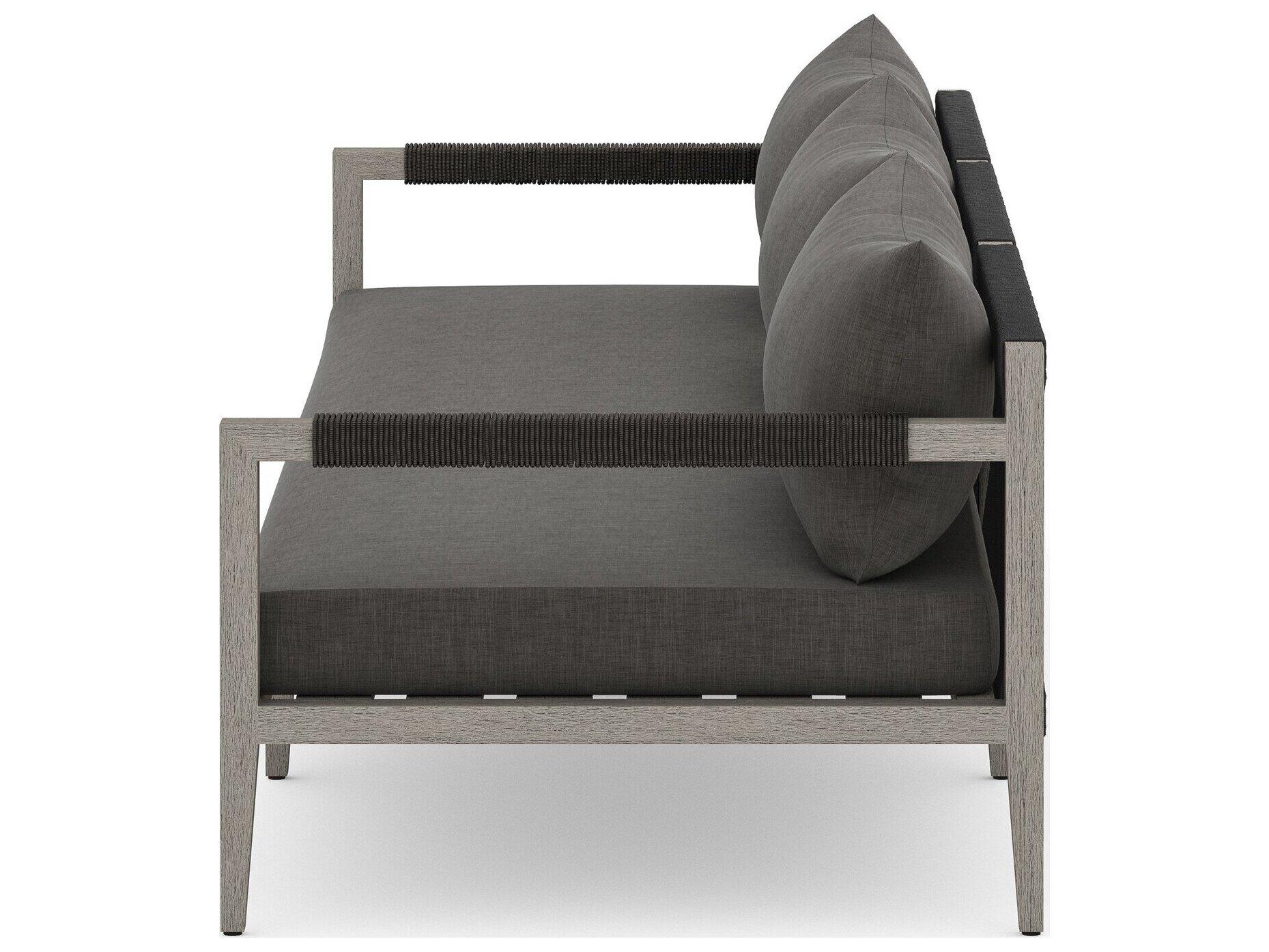 Four Hands Outdoor Solano Sherwood Weathered Grey Teak Cushion 93" Sofa in Charcoal