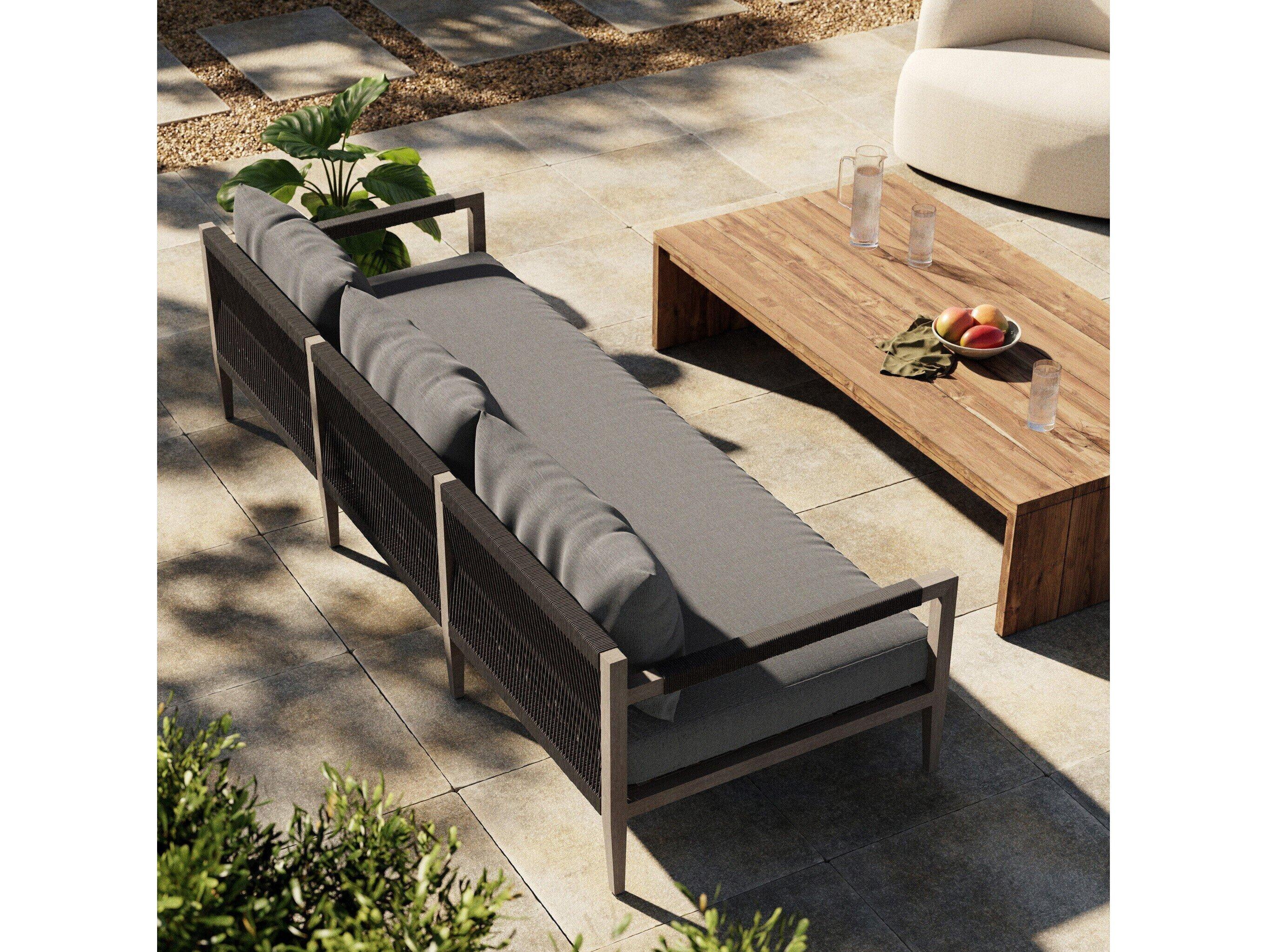 Four Hands Outdoor Solano Sherwood Weathered Grey Teak Cushion 93" Sofa in Charcoal