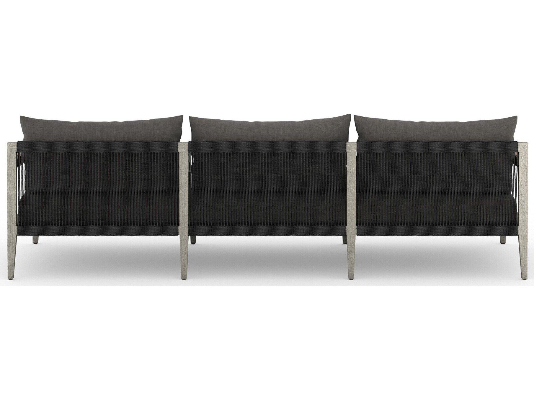 Four Hands Outdoor Solano Sherwood Weathered Grey Teak Cushion 93" Sofa in Charcoal