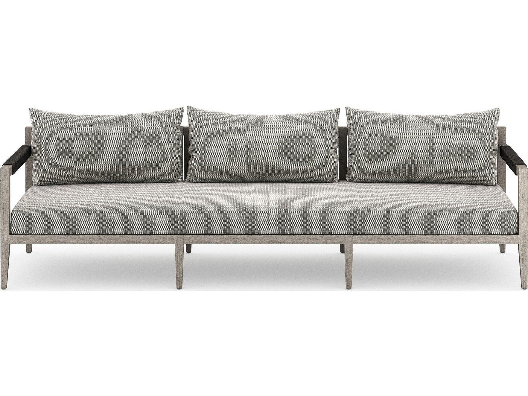 Four Hands Outdoor Solano Sherwood Weathered Grey Teak Cushion 93" Sofa in Faye Ash