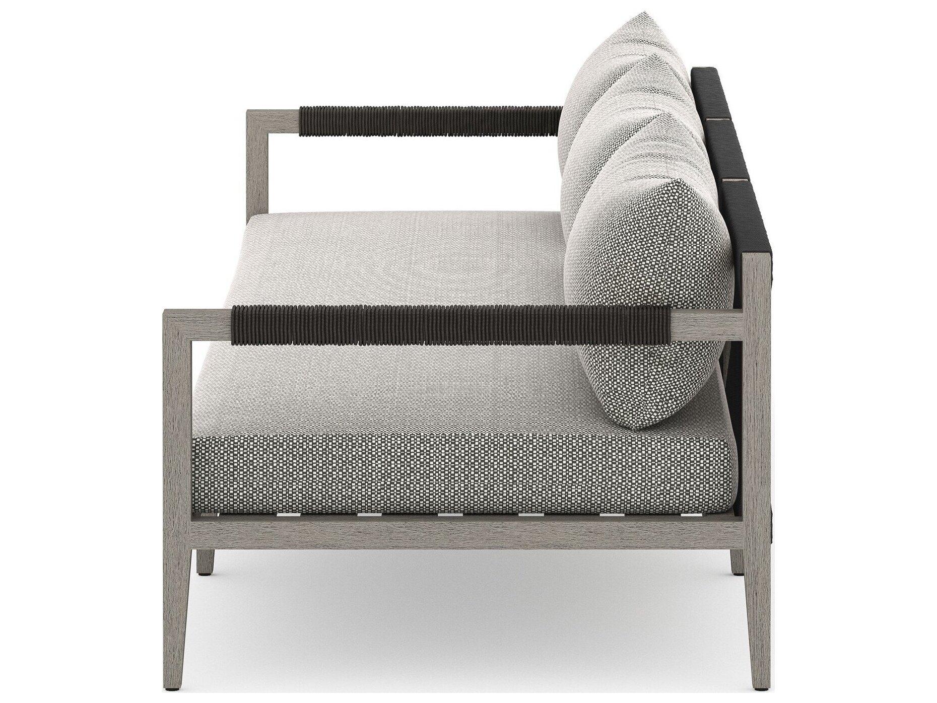 Four Hands Outdoor Solano Sherwood Weathered Grey Teak Cushion 93" Sofa in Faye Ash