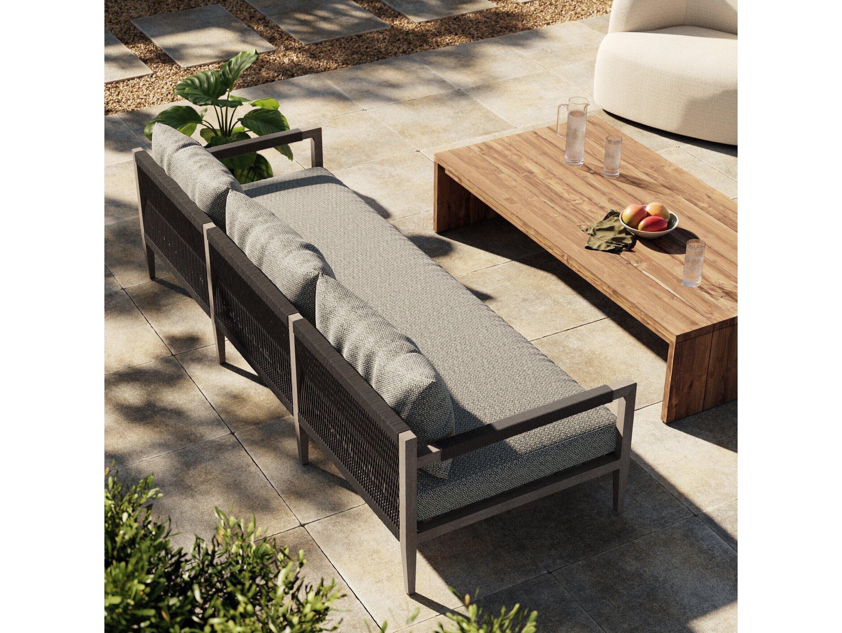 Four Hands Outdoor Solano Sherwood Weathered Grey Teak Cushion 93" Sofa in Faye Ash