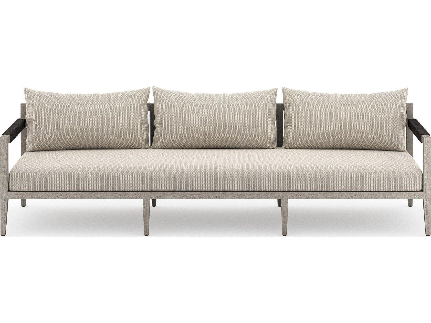 Four Hands Outdoor Solano Sherwood Weathered Grey Teak Cushion 93" Sofa in Faye Sand