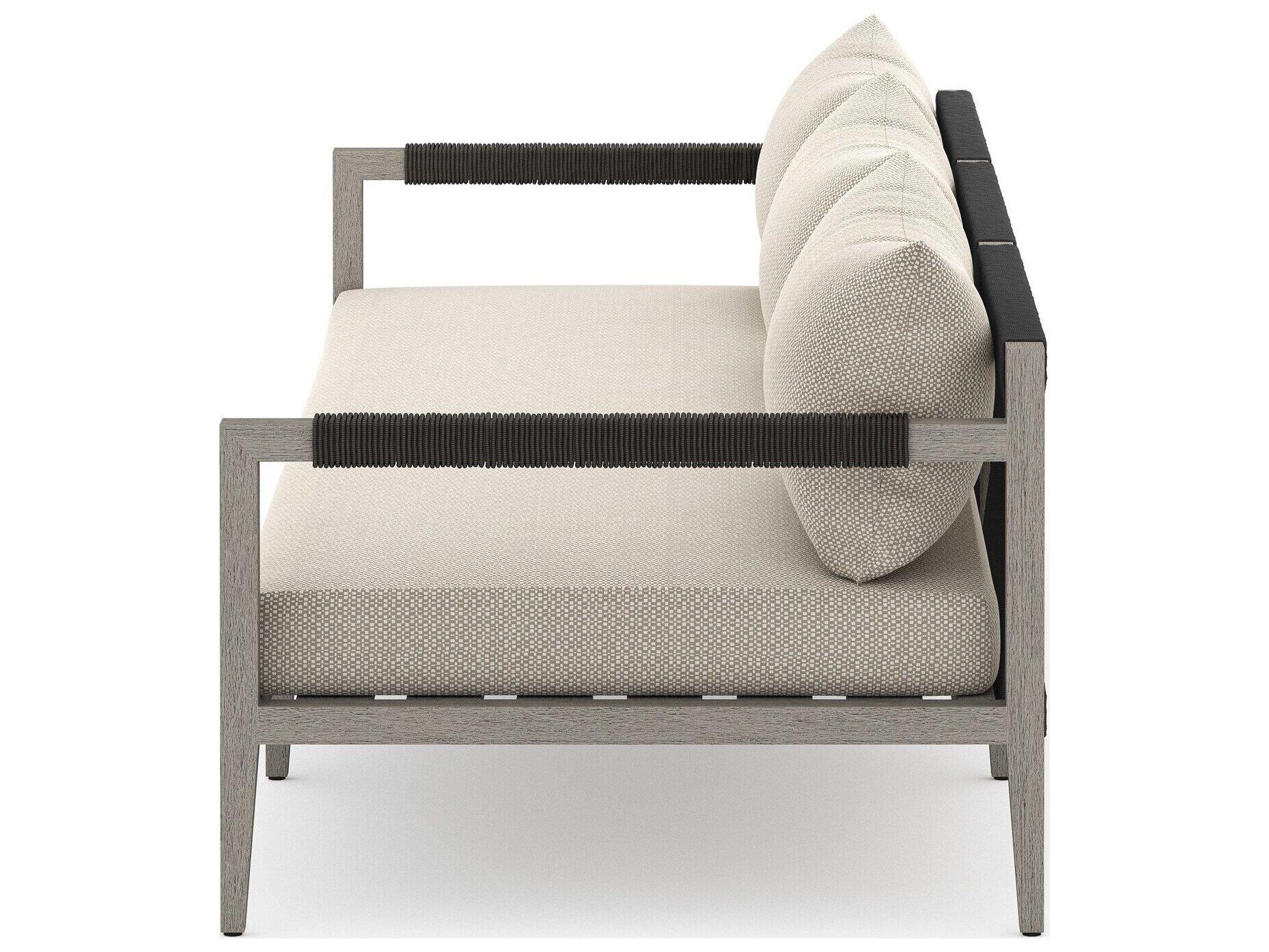 Four Hands Outdoor Solano Sherwood Weathered Grey Teak Cushion 93" Sofa in Faye Sand