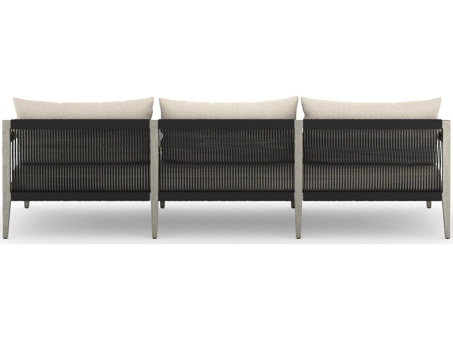 Four Hands Outdoor Solano Sherwood Weathered Grey Teak Cushion 93" Sofa in Faye Sand