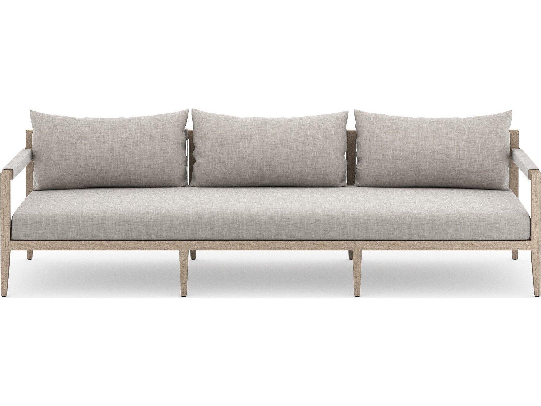 Four Hands Outdoor Solano Sherwood Washed Brown Teak Cushion 93" Sofa in Stone Grey