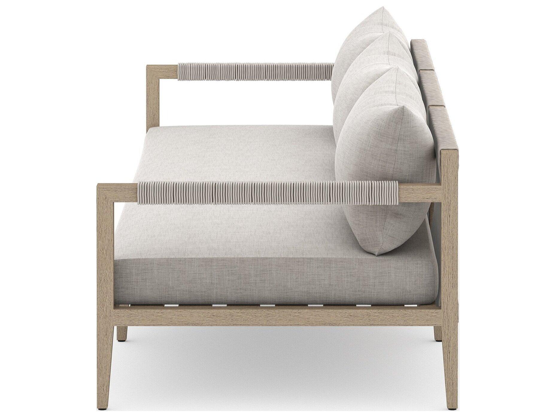 Four Hands Outdoor Solano Sherwood Washed Brown Teak Cushion 93" Sofa in Stone Grey