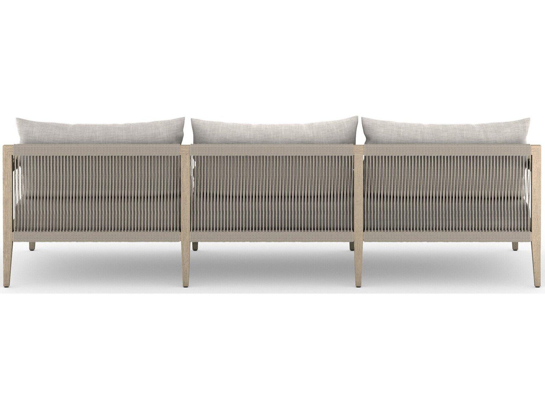 Four Hands Outdoor Solano Sherwood Washed Brown Teak Cushion 93" Sofa in Stone Grey