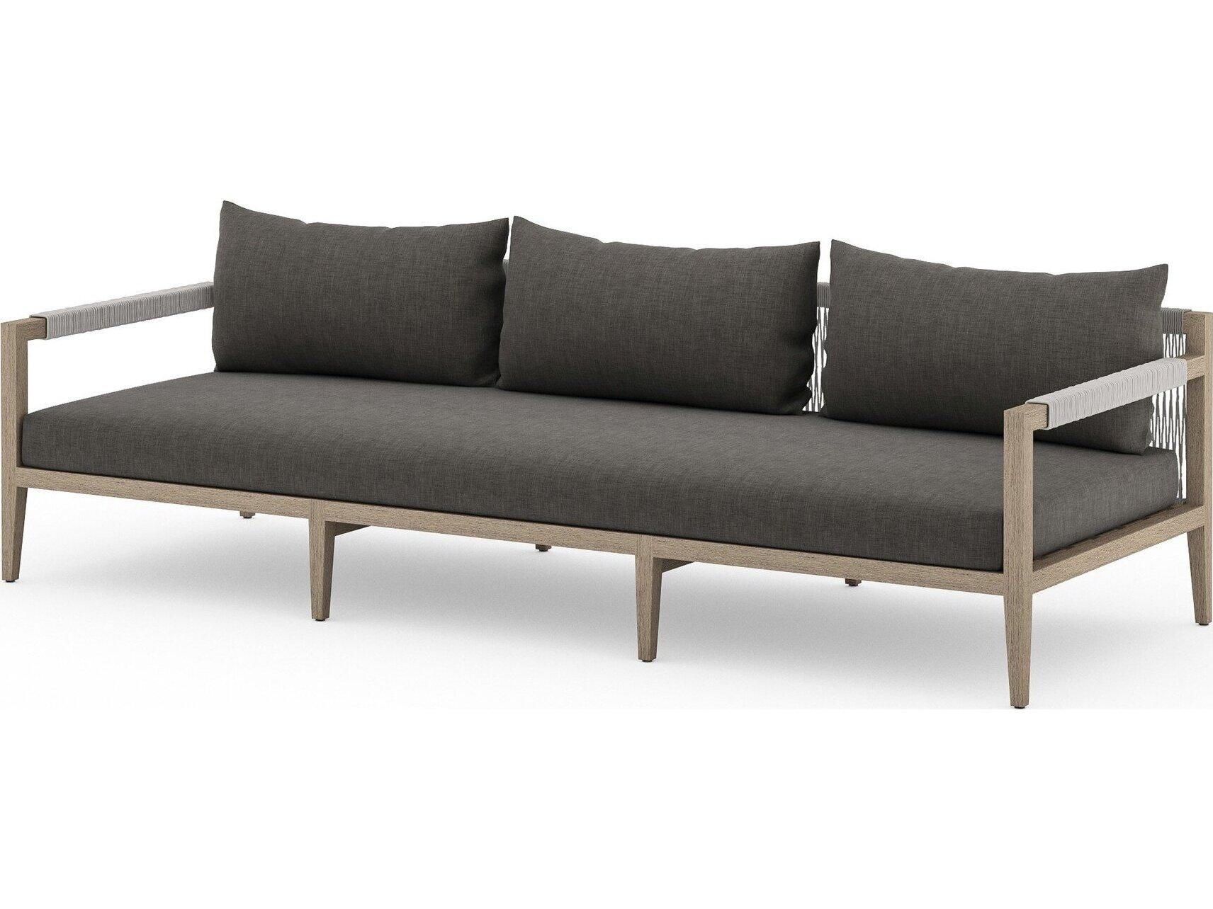Four Hands Outdoor Solano Sherwood Washed Brown Teak Cushion 93" Sofa in Charcoal