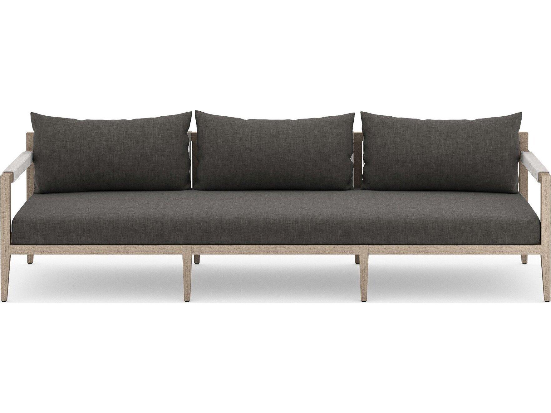 Four Hands Outdoor Solano Sherwood Washed Brown Teak Cushion 93" Sofa in Charcoal