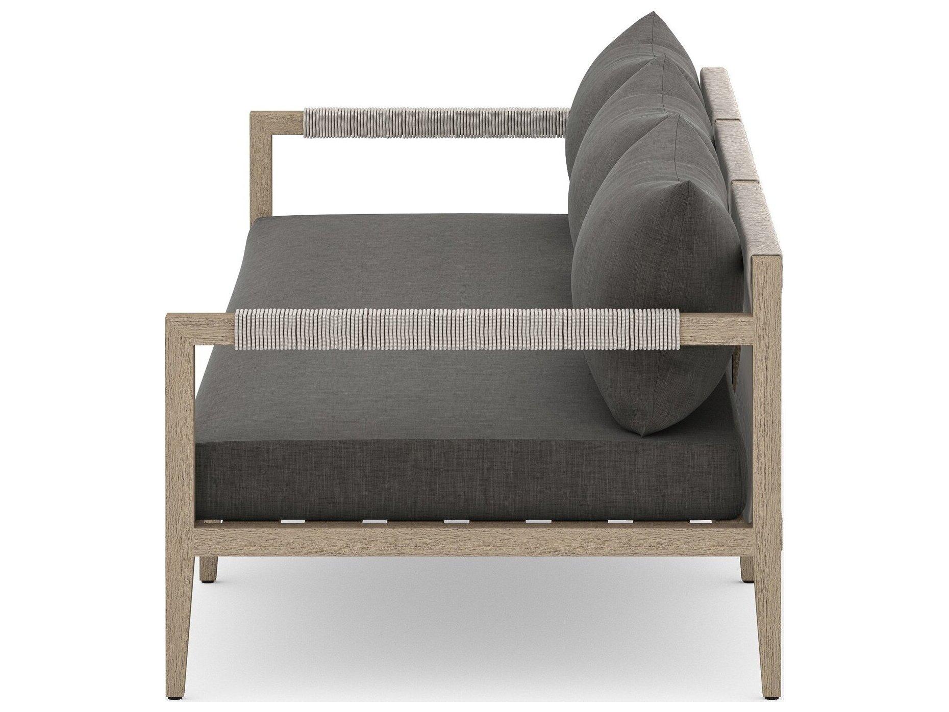 Four Hands Outdoor Solano Sherwood Washed Brown Teak Cushion 93" Sofa in Charcoal