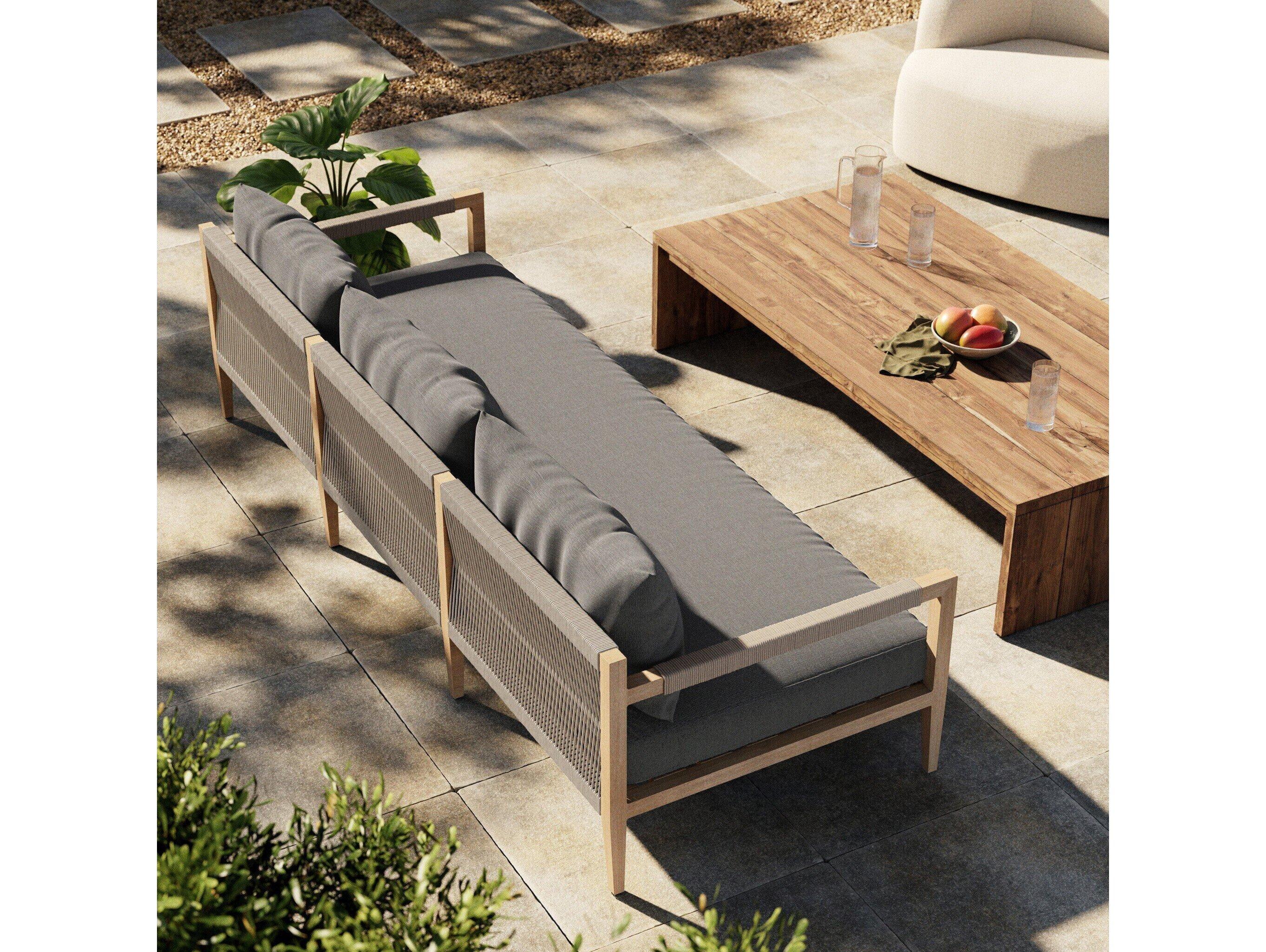 Four Hands Outdoor Solano Sherwood Washed Brown Teak Cushion 93" Sofa in Charcoal