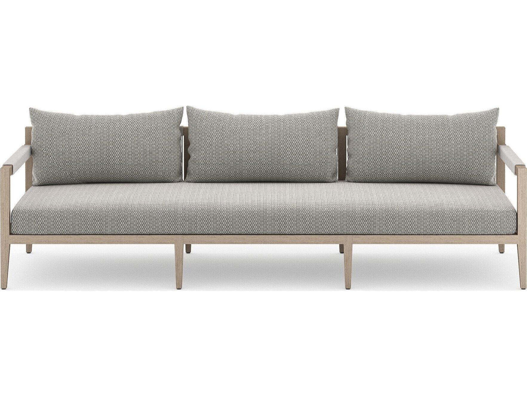 Four Hands Outdoor Solano Sherwood Washed Brown Teak Cushion 93" Sofa in Faye Ash