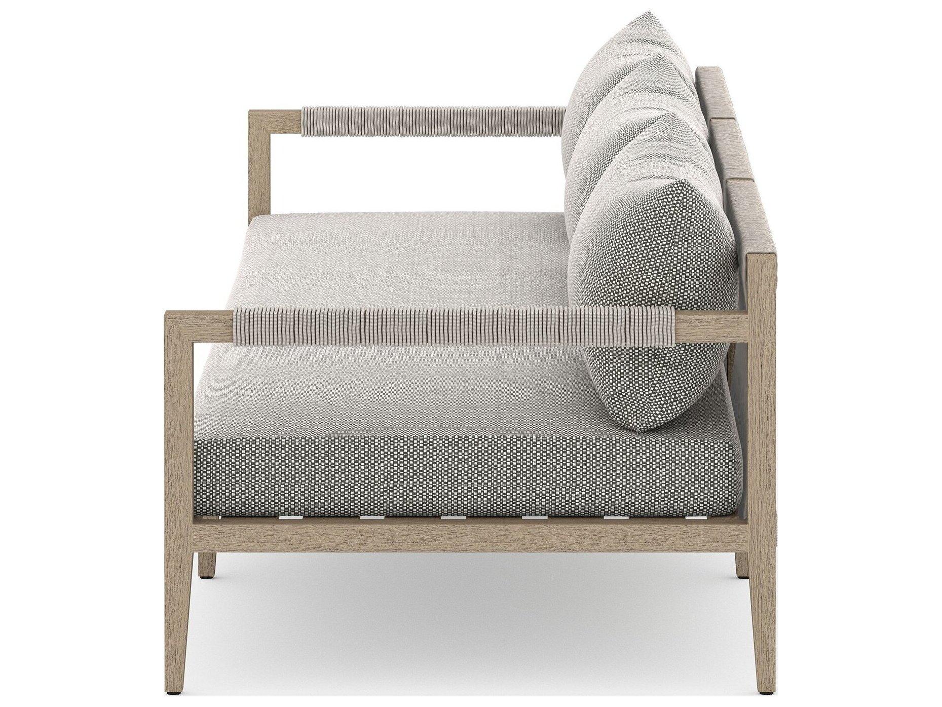 Four Hands Outdoor Solano Sherwood Washed Brown Teak Cushion 93" Sofa in Faye Ash