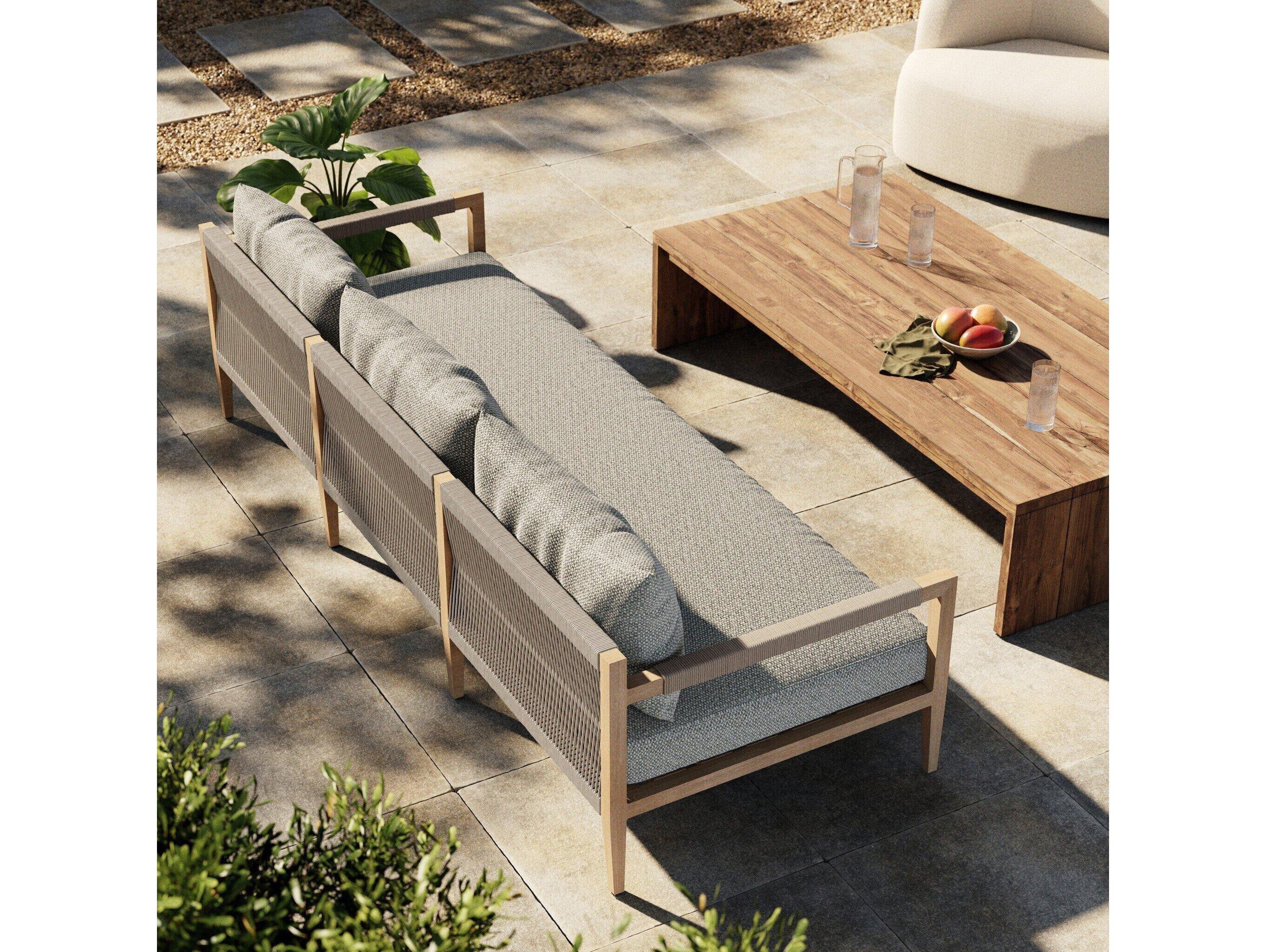 Four Hands Outdoor Solano Sherwood Washed Brown Teak Cushion 93" Sofa in Faye Ash