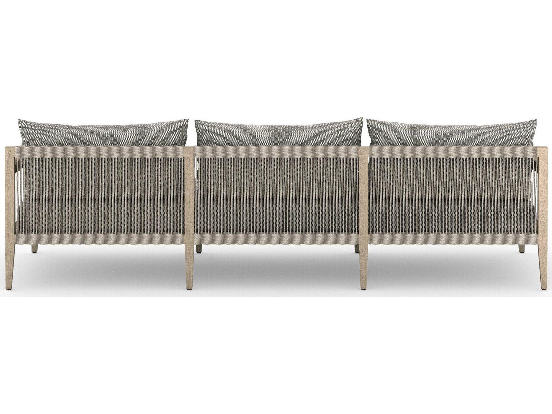 Four Hands Outdoor Solano Sherwood Washed Brown Teak Cushion 93" Sofa in Faye Ash