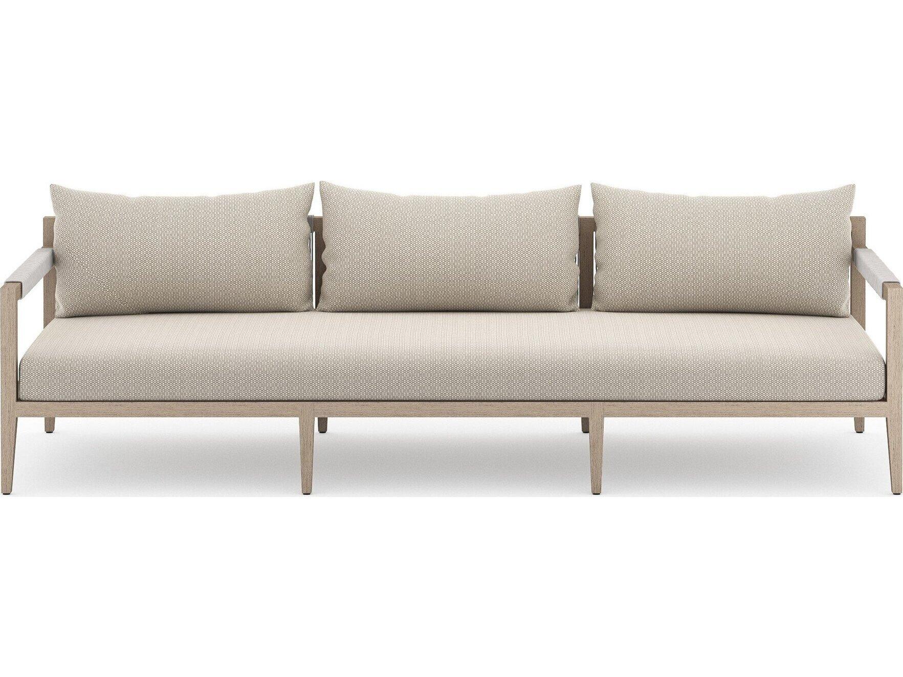 Four Hands Outdoor Solano Sherwood Washed Brown Teak Cushion 93" Sofa in Faye Sand