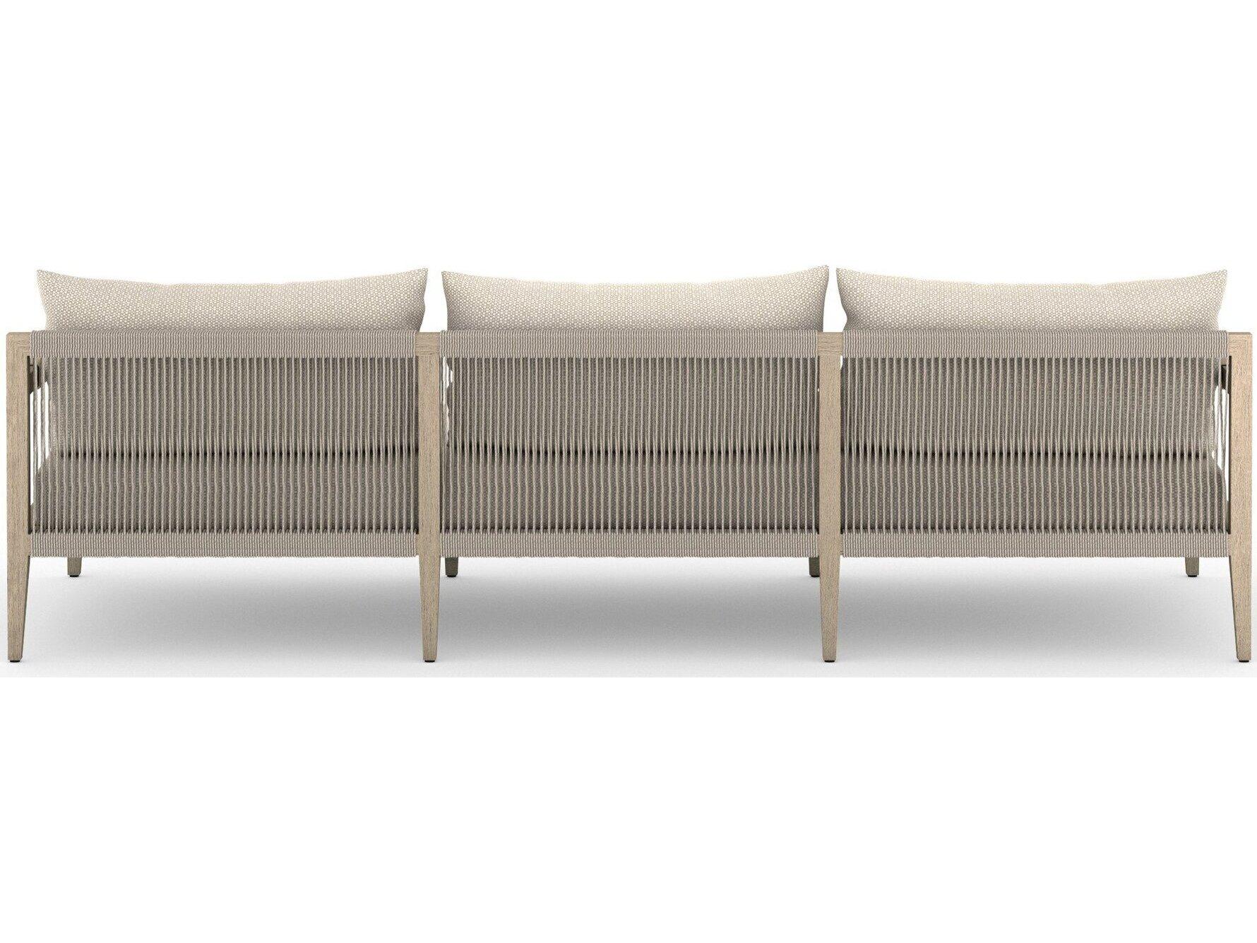 Four Hands Outdoor Solano Sherwood Washed Brown Teak Cushion 93" Sofa in Faye Sand