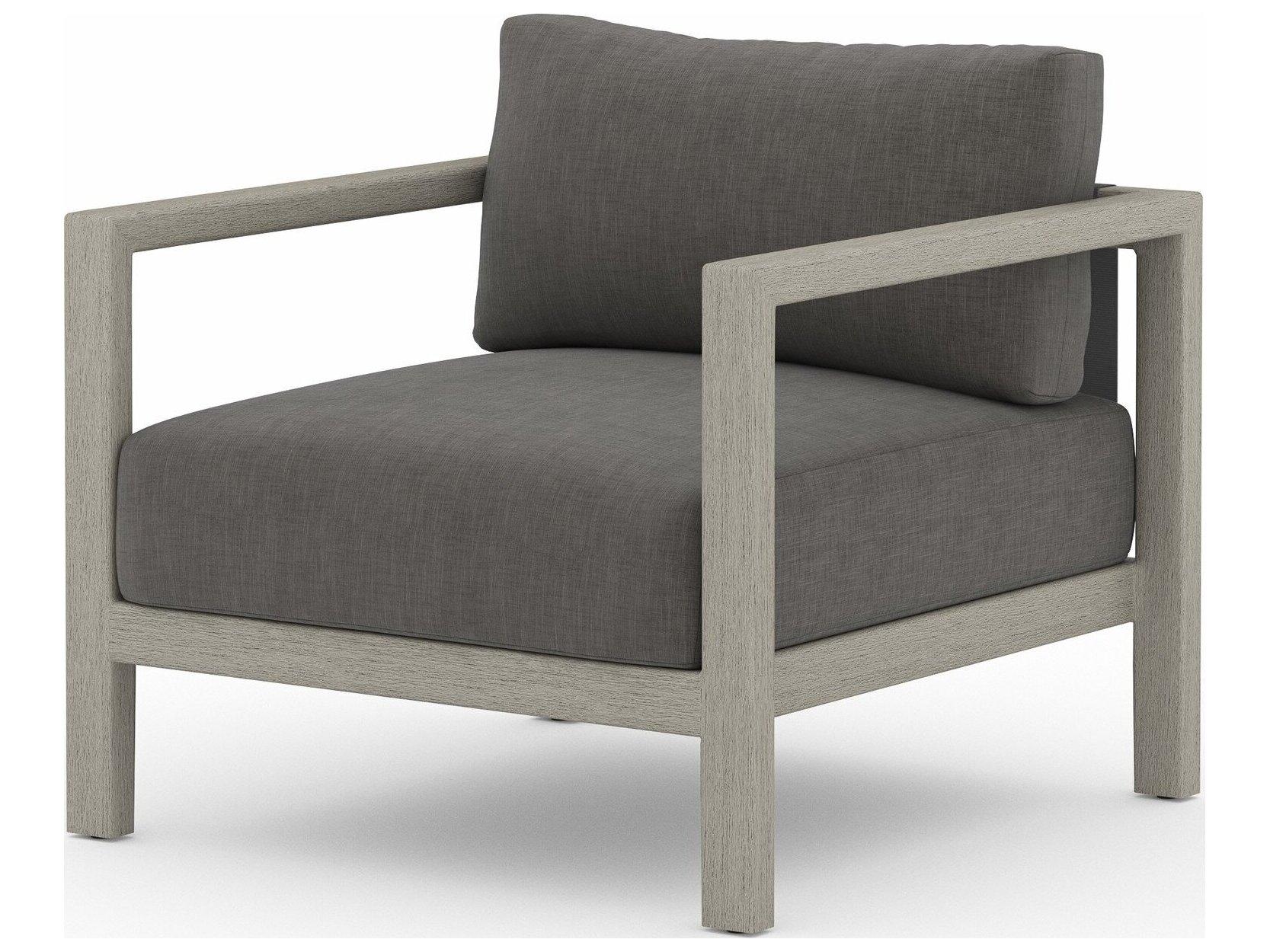 Four Hands Outdoor Solano Charcoal Weathered Grey Dark Strap Teak Cushion Lounge Chair