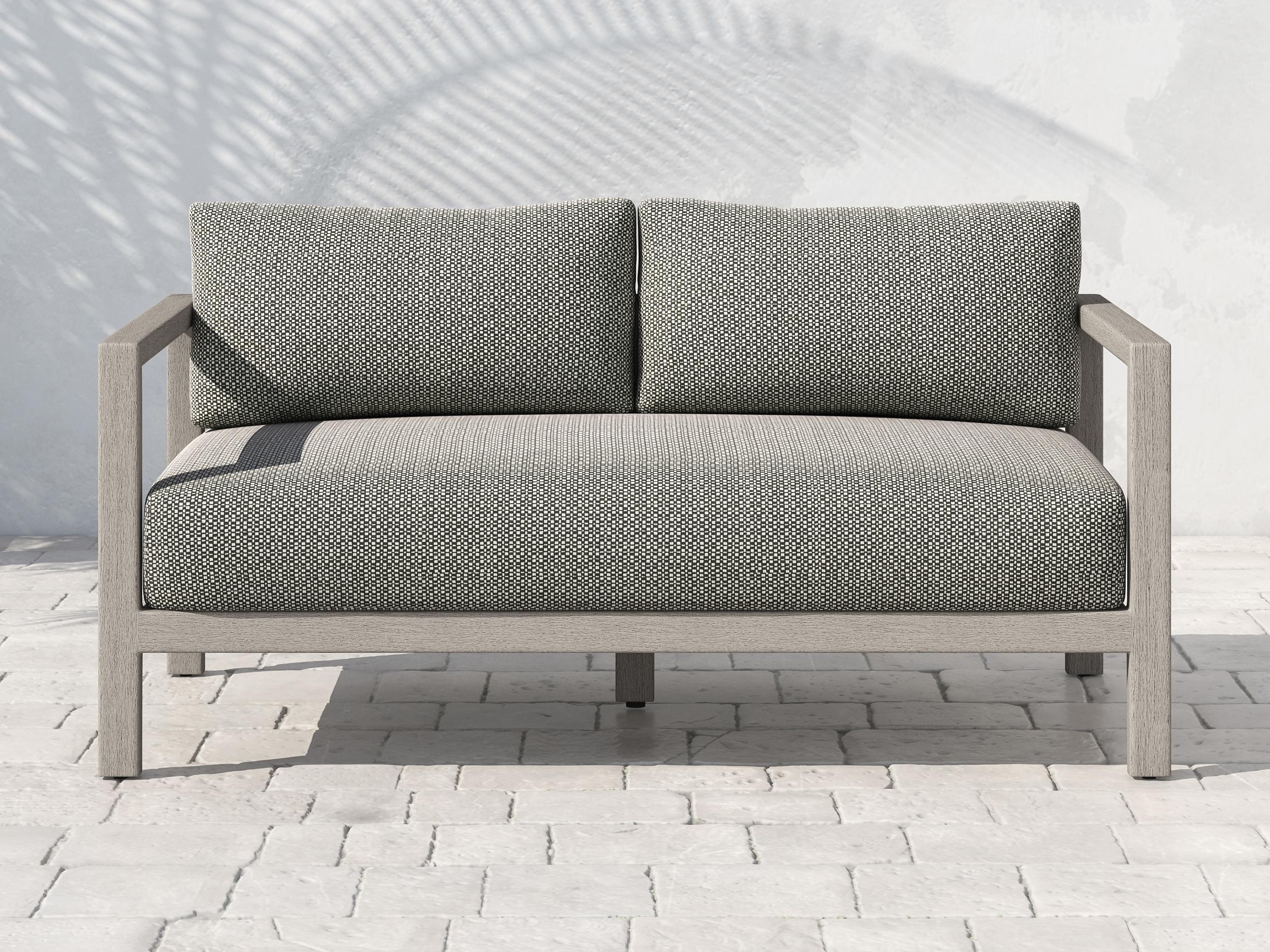 Four Hands Outdoor Solano Charcoal Weathered Grey Dark Strap Teak Cushion Loveseat