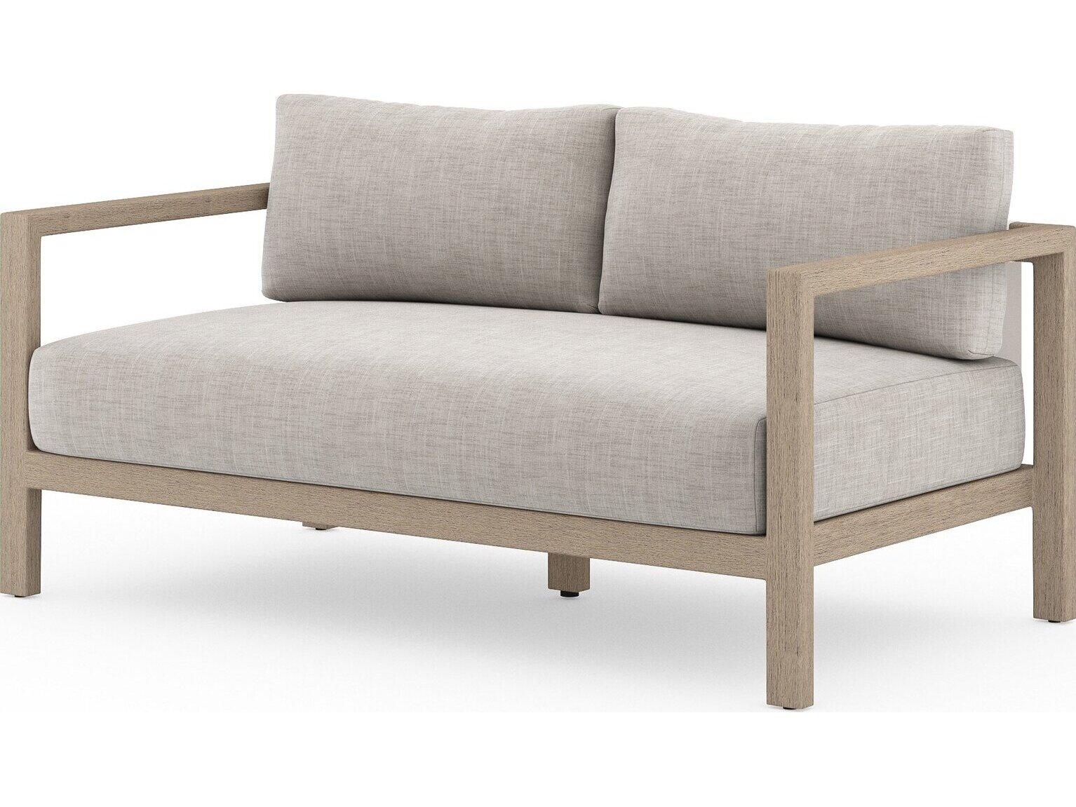 Four Hands Outdoor Solano Sonoma Washed Brown Teak Cushion 60" Sofa in Stone Grey