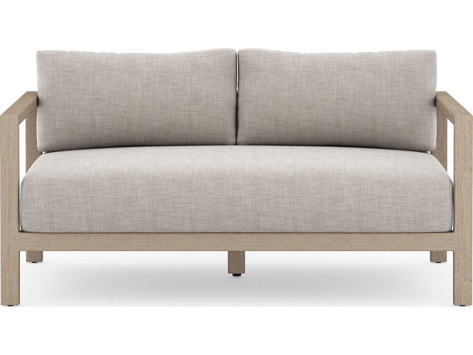 Four Hands Outdoor Solano Sonoma Washed Brown Teak Cushion 60" Sofa in Stone Grey